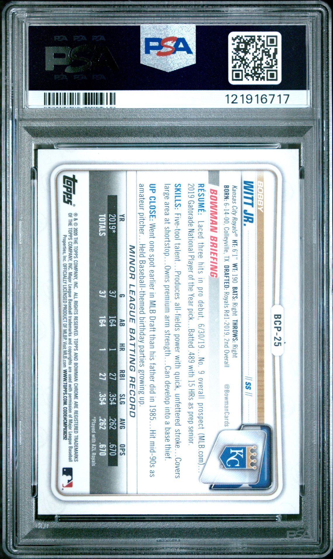 2020 Bowman Chrome Prospects Bobby Witt Jr. #Bcp25 (Prospects) Mint 9 back