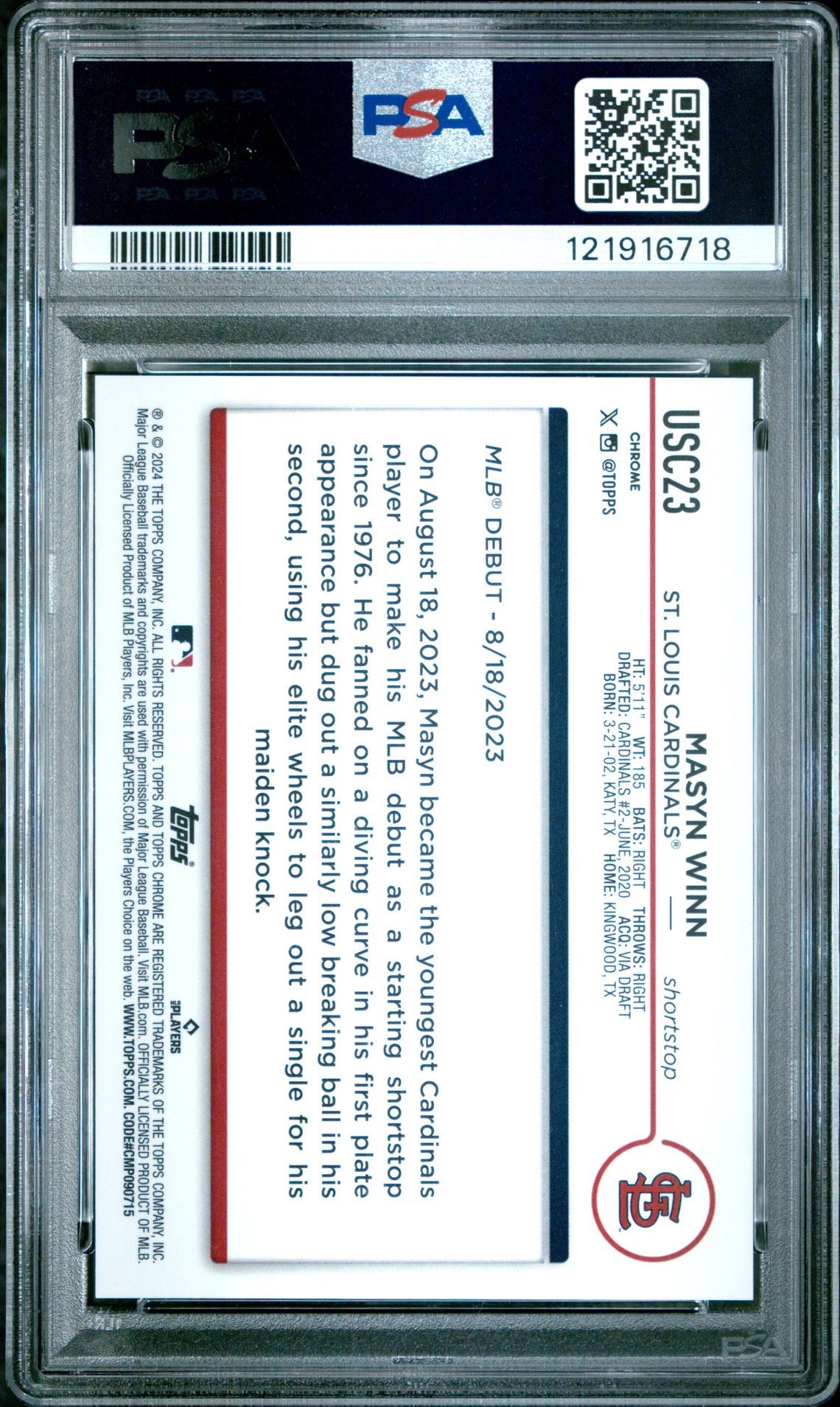 2024 Topps Chrome Update Masyn Winn #Usc23 (Orange Raywave) Mint 9 back