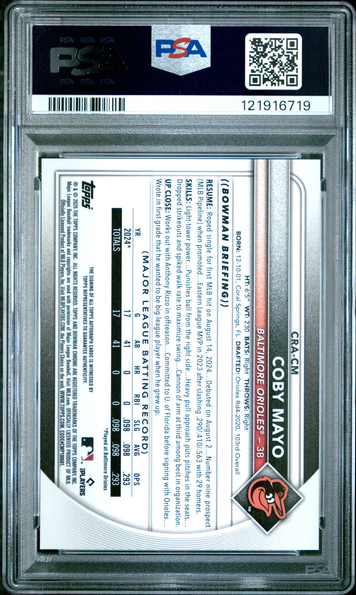 2025 Bowman Chrome Rookie Autographs Coby Mayo #Cracm (Chrome Rookie Au-Blue Ref) Mint 9 back