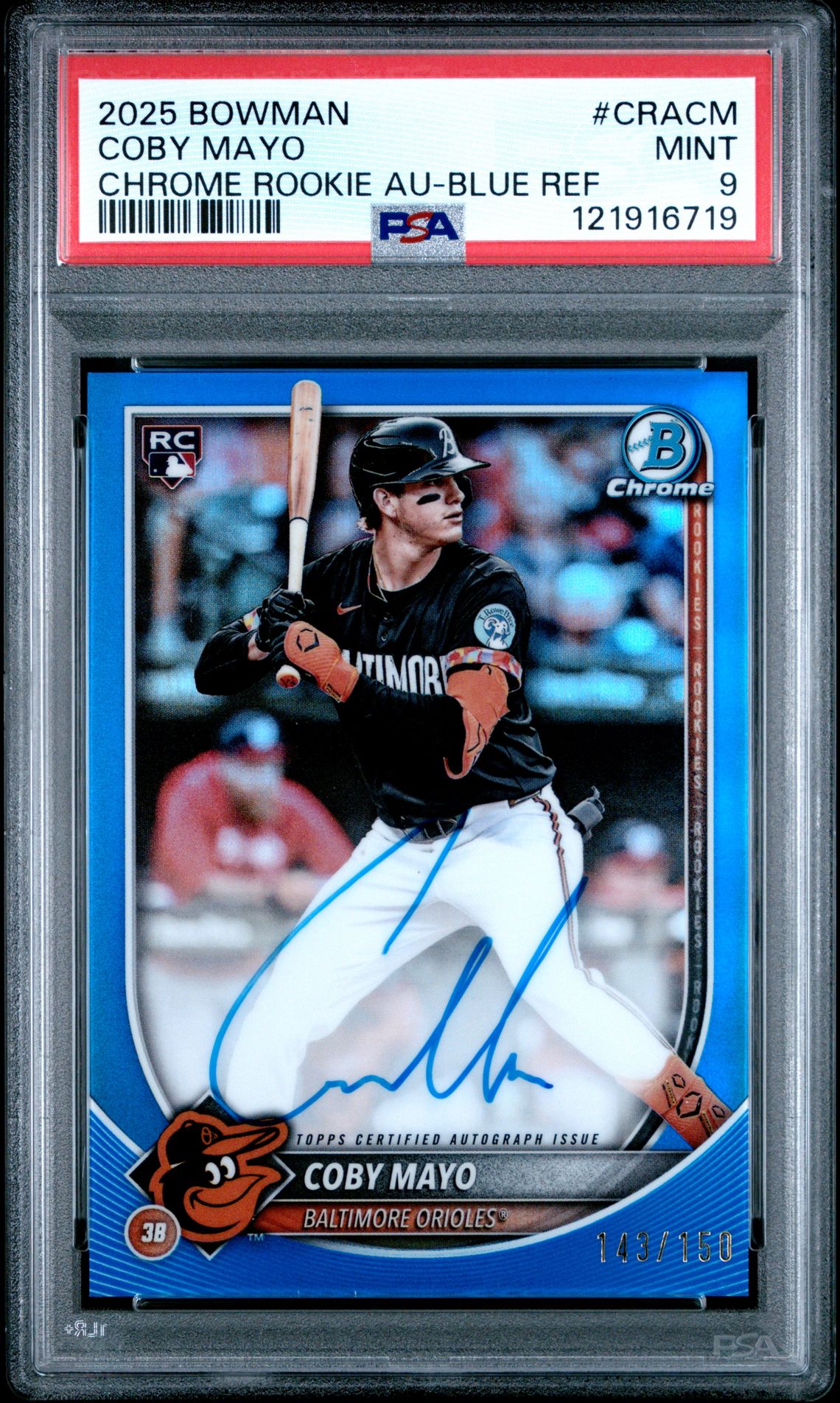 2025 Bowman Chrome Rookie Autographs Coby Mayo #Cracm (Chrome Rookie Au-Blue Ref) Mint 9 front