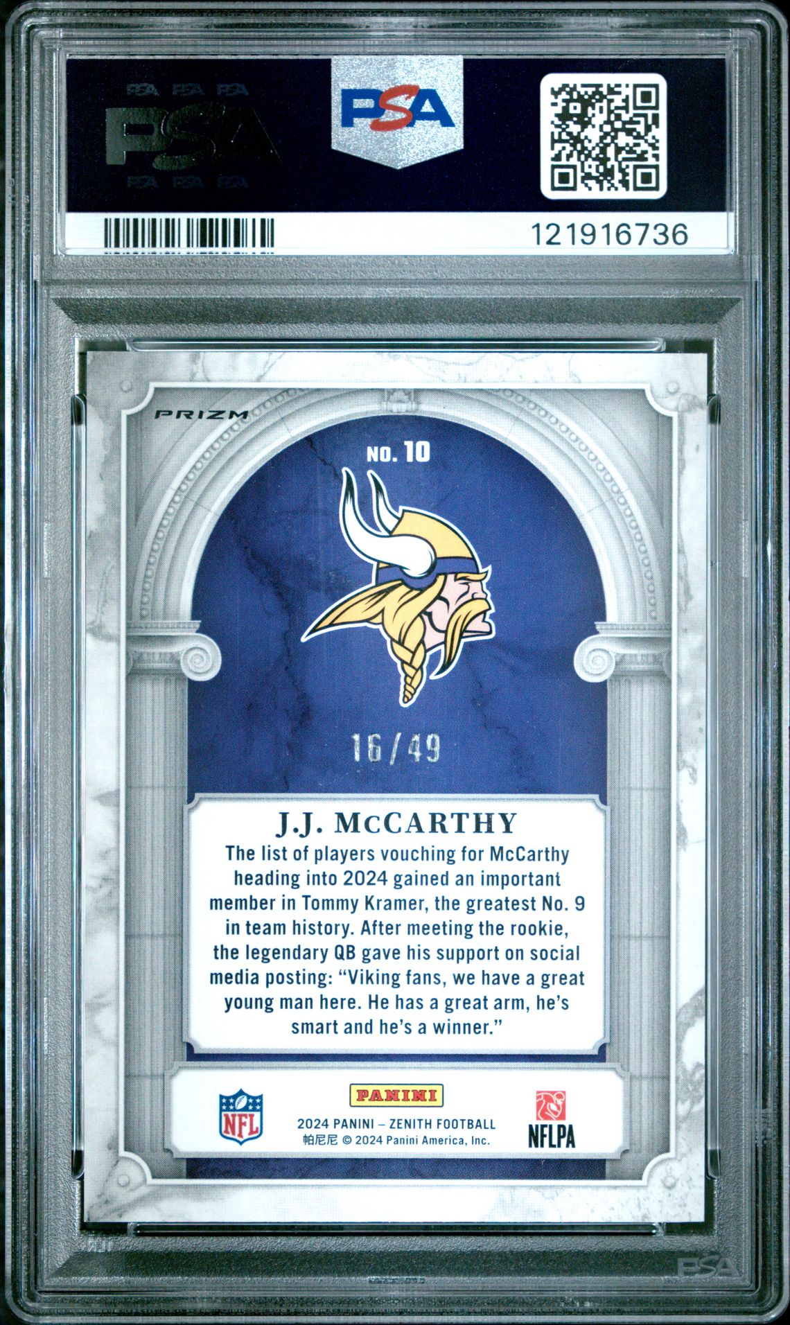 2024 Panini Zenith Z Marquee Jj Mccarthy #10 (Z Marquee-Red) Gem Mt 10 back