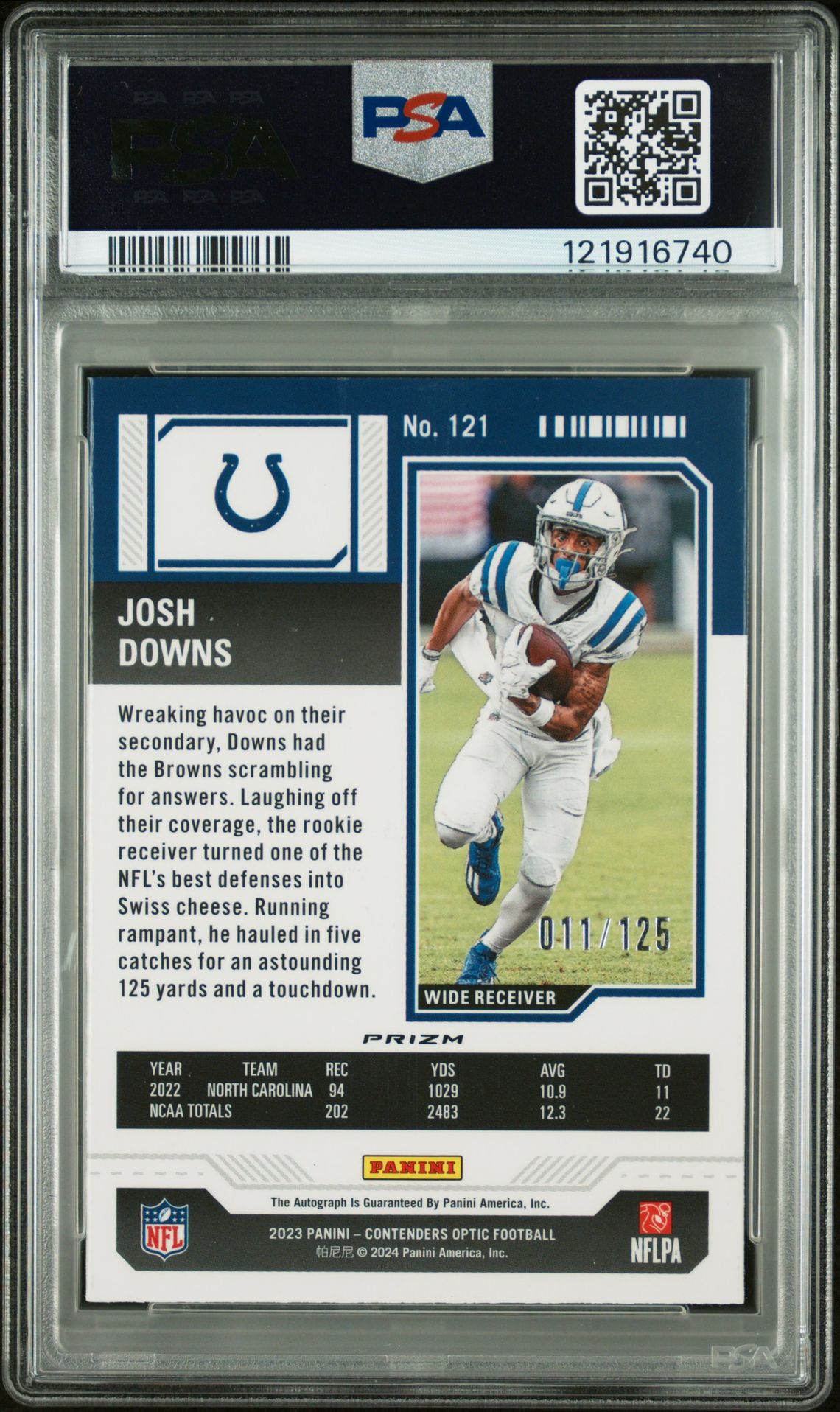 2023 Panini Contenders Optic Josh Downs #121 (Autograph-Red) Mint 9 back
