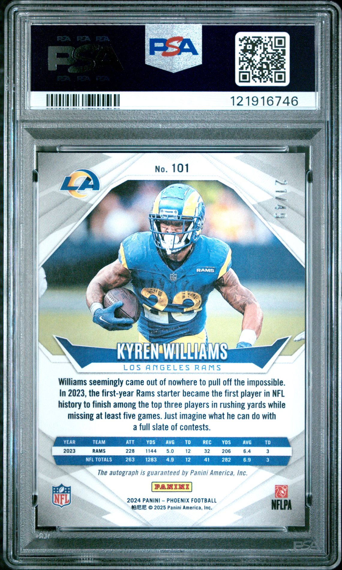 2024 Panini Phoenix Kyren Williams #101 (Autograph-Blue) Mint 9 back