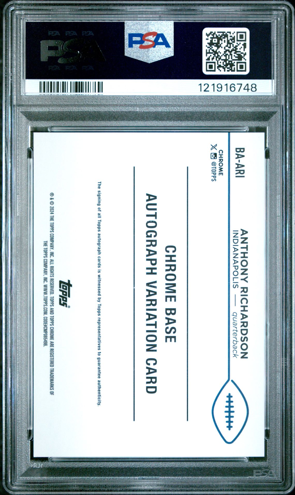 2024 Topps Chrome Base Autographs Variations Anthony Richardson #Baari (Auto Variation-Gold Geo) Gem Mt 10 back