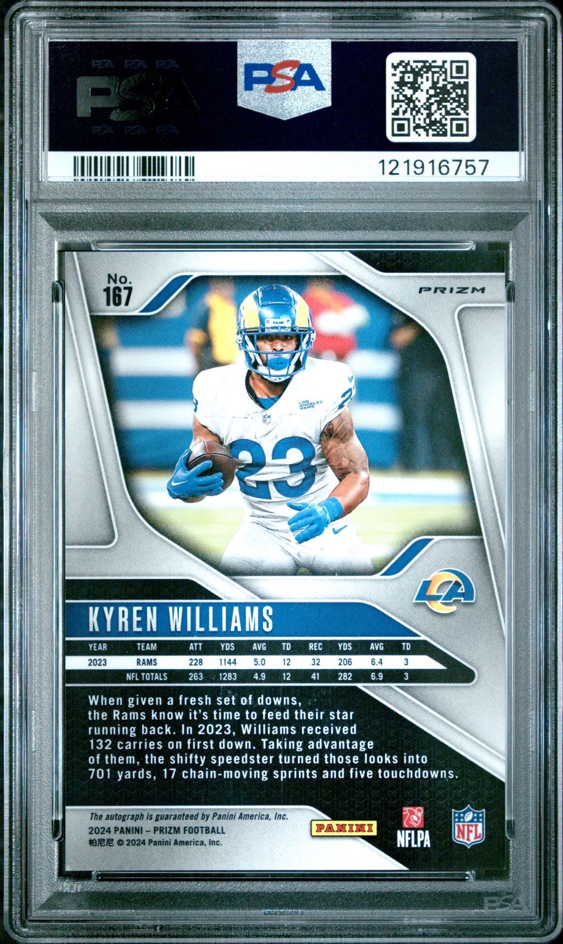 2024 Panini Prizm Kyren Williams #167 (Autograph) Mint 9 back