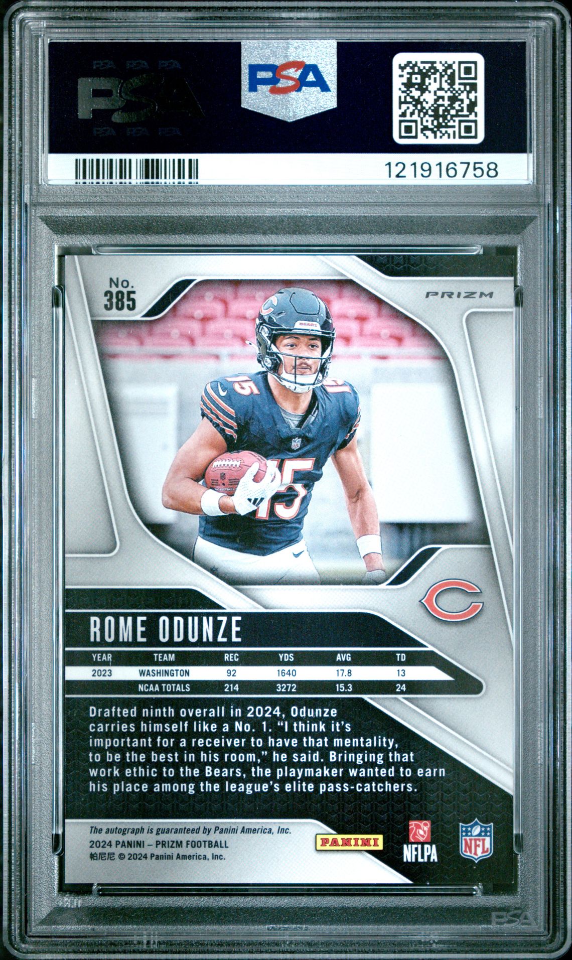 2024 Panini Prizm Rome Odunze #385 (Autograph) Mint 9 back