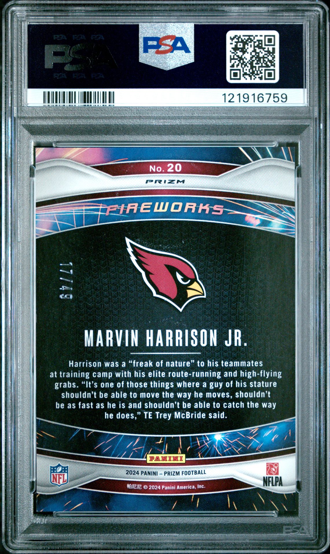 2024 Panini Prizm Fireworks Marvin Harrison Jr. #20 (Fireworks-Purple Power) Mint 9 back
