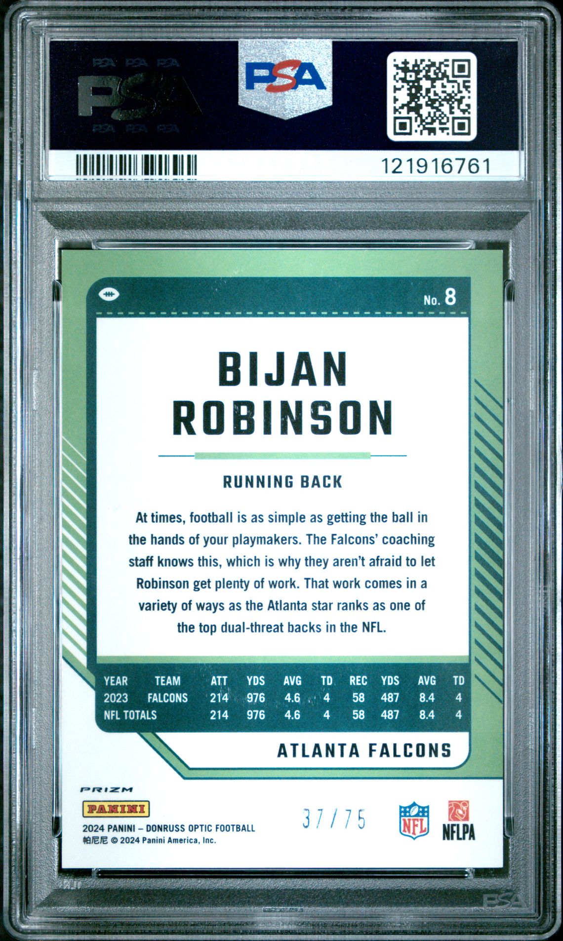 2024 Panini Donruss Optic Bijan Robinson #8 (Electricity) Mint 9 back