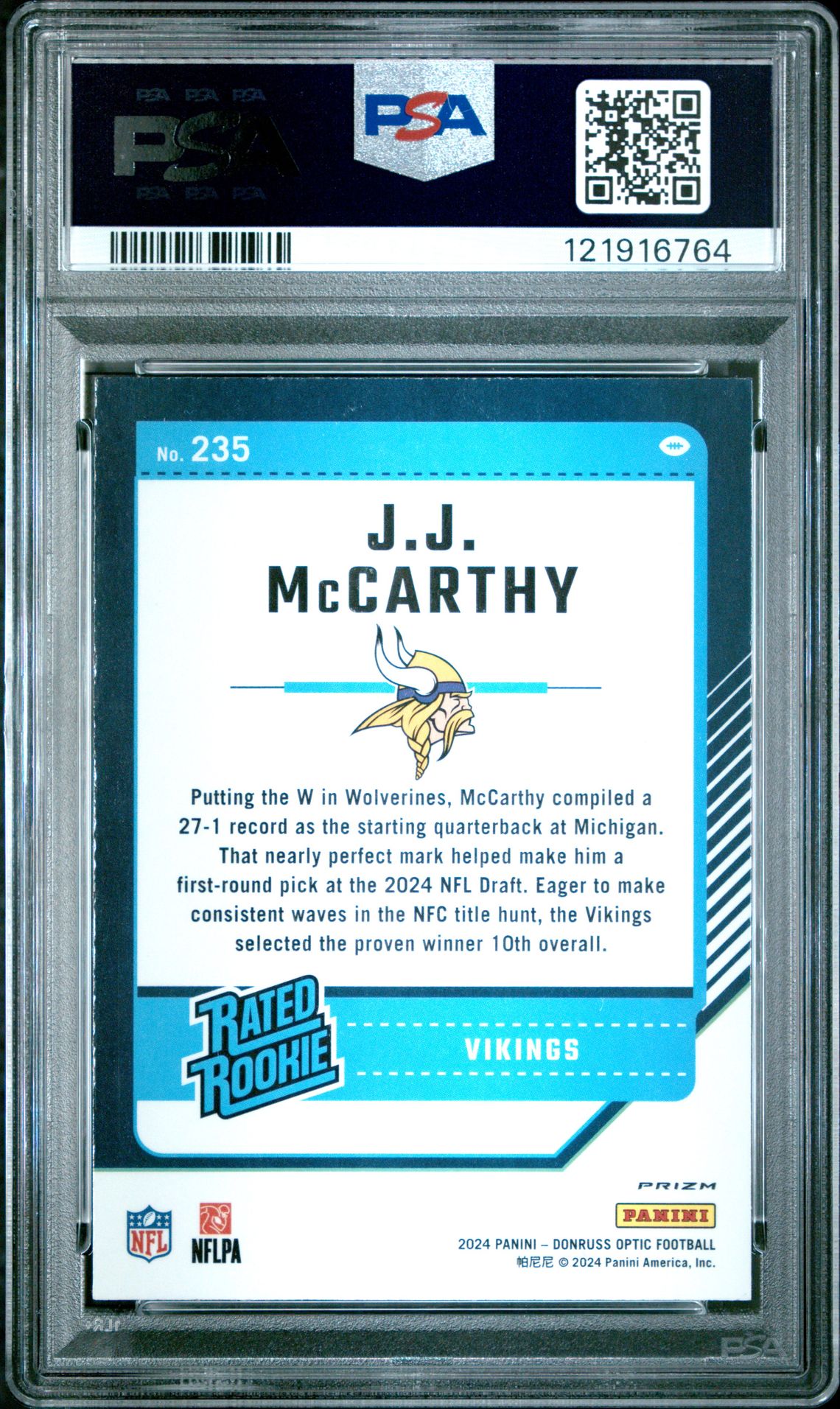 2024 Panini Donruss Optic Jj Mccarthy #235 (Holo) Gem Mt 10 back