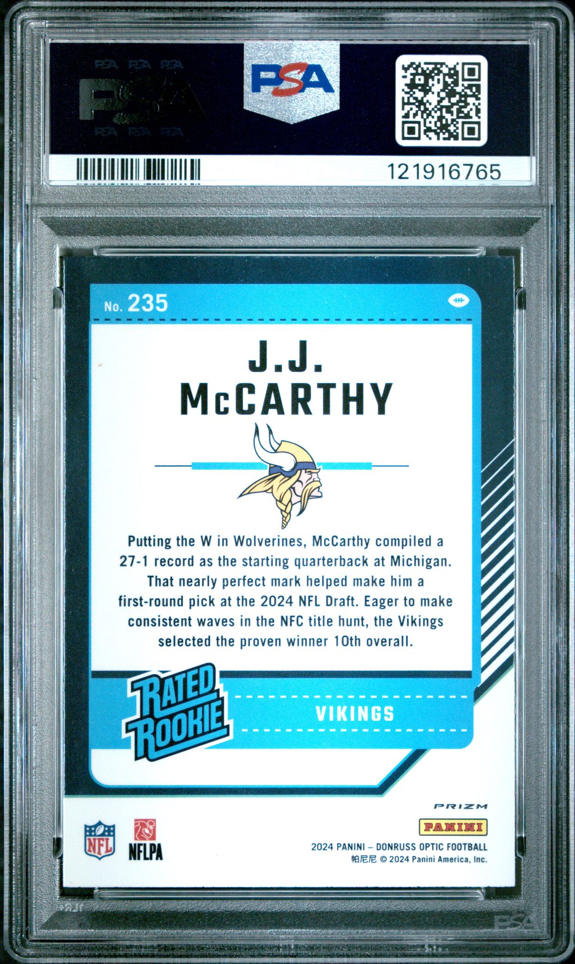2024 Panini Donruss Optic Jj Mccarthy #235 (Purple Scope) Nm 7 back