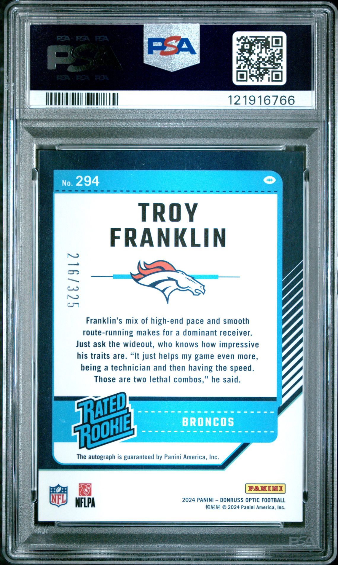2024 Panini Donruss Optic Troy Franklin #294 (Autograph) Mint 9 back