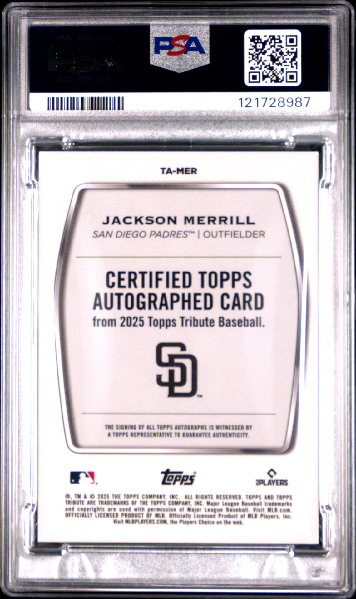 2025 Topps Tribute Tribute Autographs Jackson Merrill #Tamer (Tribute Autograph-Gold) Gem Mt 10 back