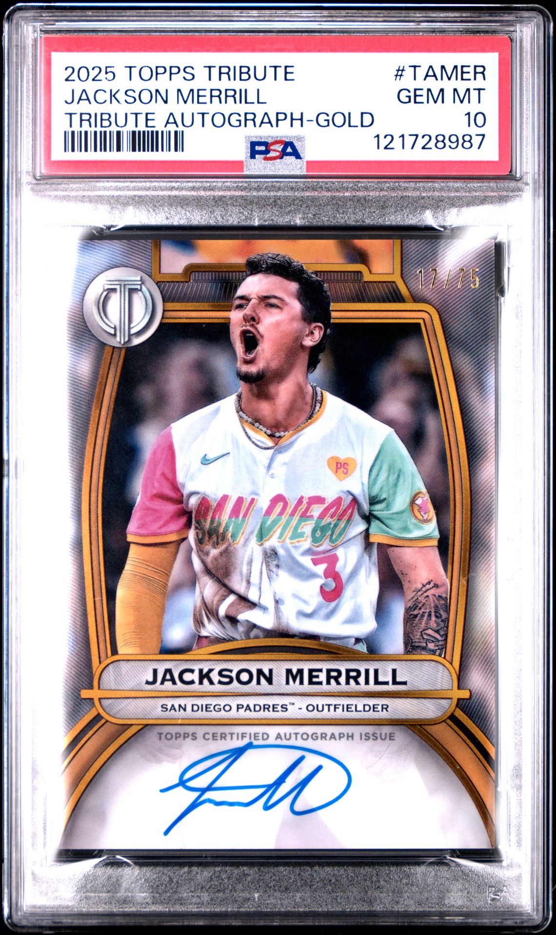 2025 Topps Tribute Tribute Autographs Jackson Merrill #Tamer (Tribute Autograph-Gold) Gem Mt 10 front