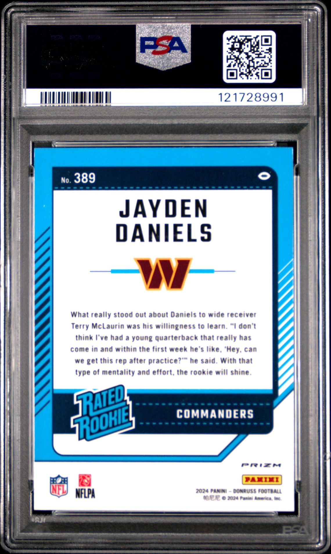 2024 Panini Donruss Jayden Daniels #389 (Optic Preview-Pink) Gem Mt 10 back