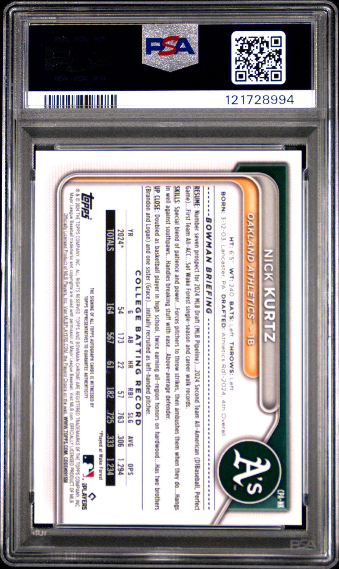 2024 Bowman Draft Chrome Prospect Autographs Nick Kurtz #Cpank Mint 9 back