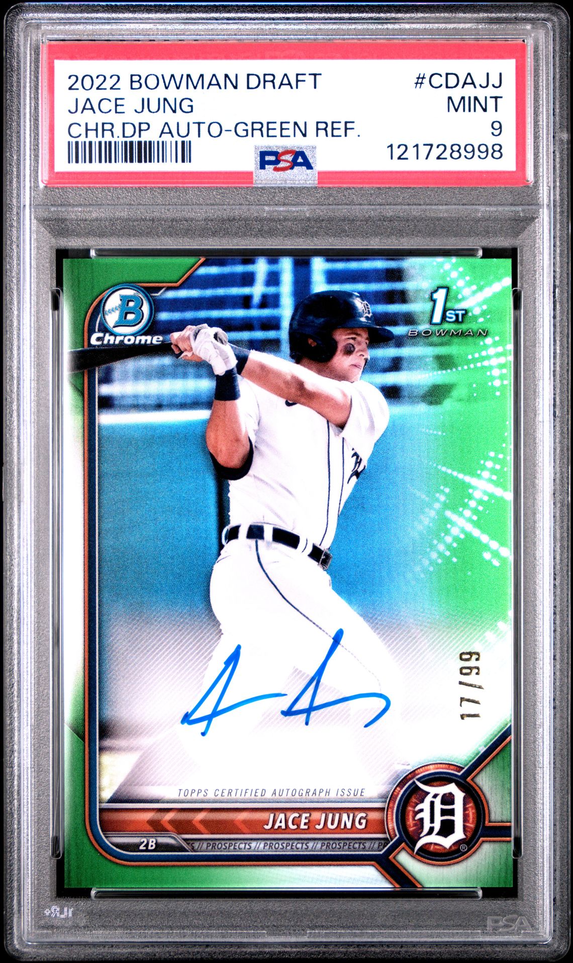 2022 Bowman Draft Chrome Draft Pick Autographs Jace Jung #Cdajj (Chr.dp Auto-Green Ref.) Mint 9 front