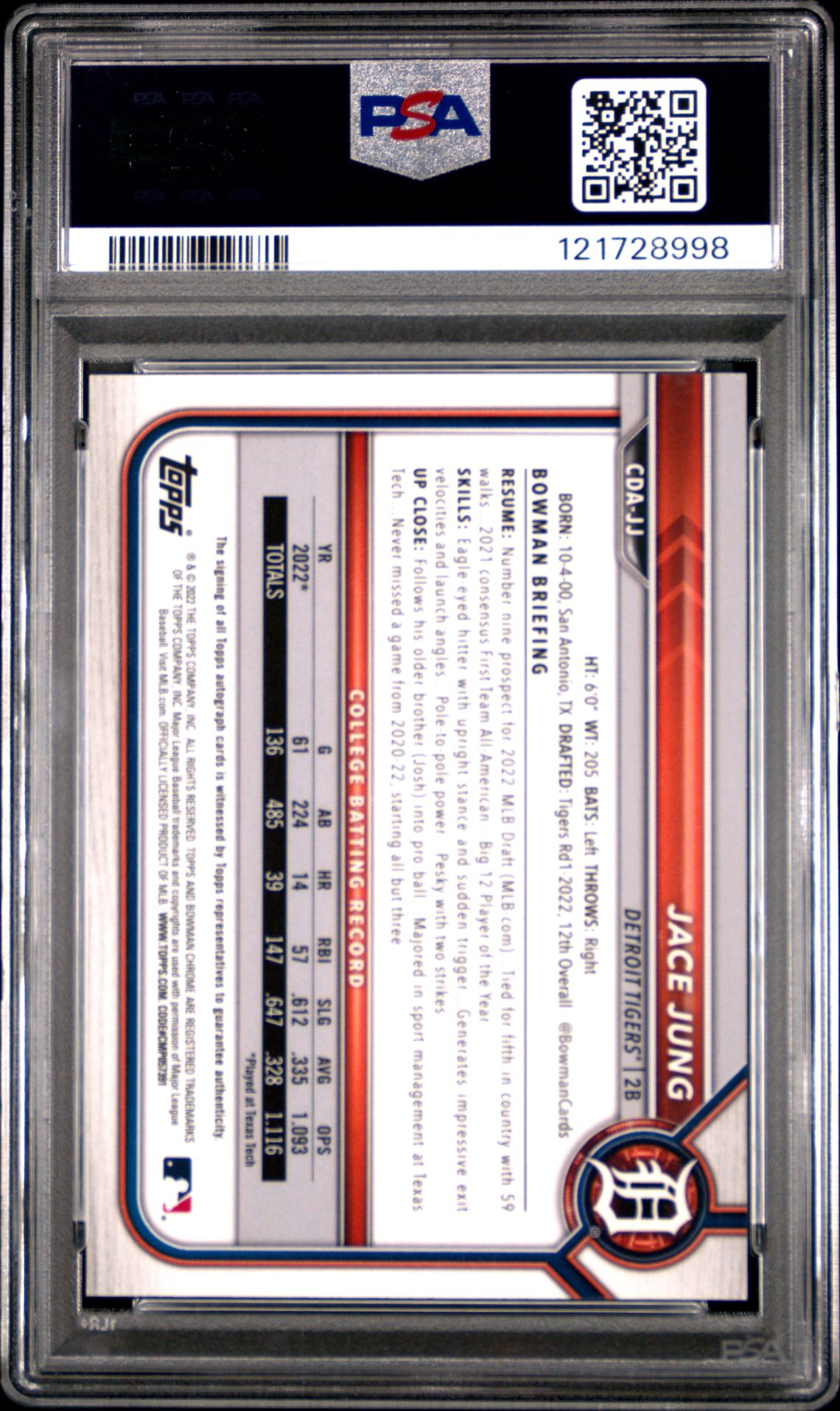 2022 Bowman Draft Chrome Draft Pick Autographs Jace Jung #Cdajj (Chr.dp Auto-Green Ref.) Mint 9 back