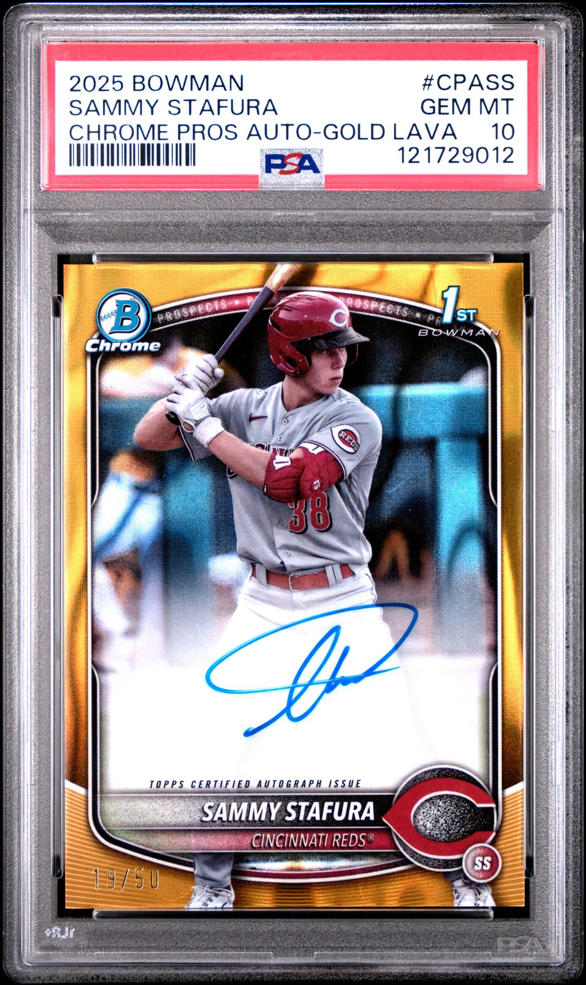 2025 Bowman Chrome Prospect Autographs Sammy Stafura #Cpass (Chrome Pros Auto-Gold Lava) Gem Mt 10 front