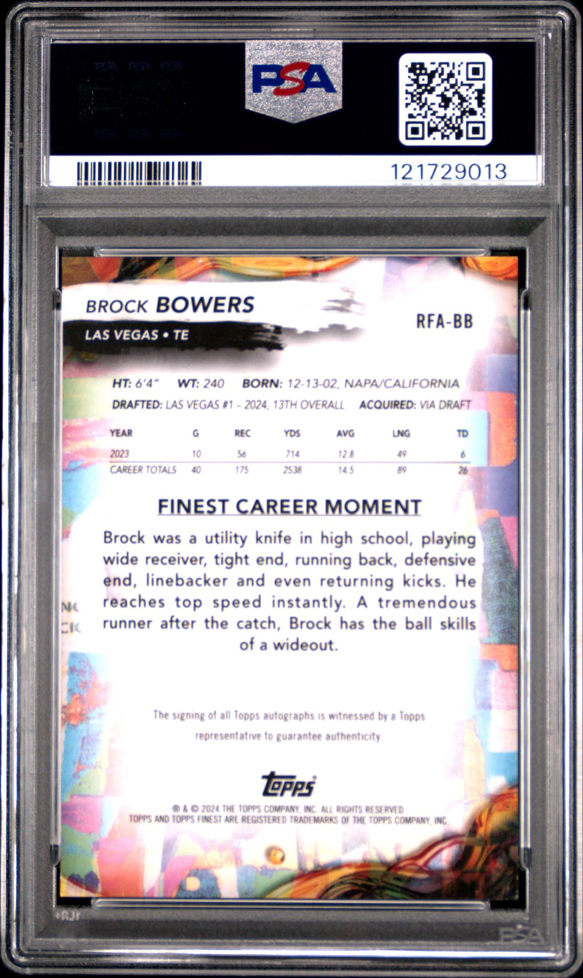 2024 Topps Finest Rookie Finest Autographs Brock Bowers #Rfabb (Rk Finest Auto-Blue Chkbd) Mint 9 back