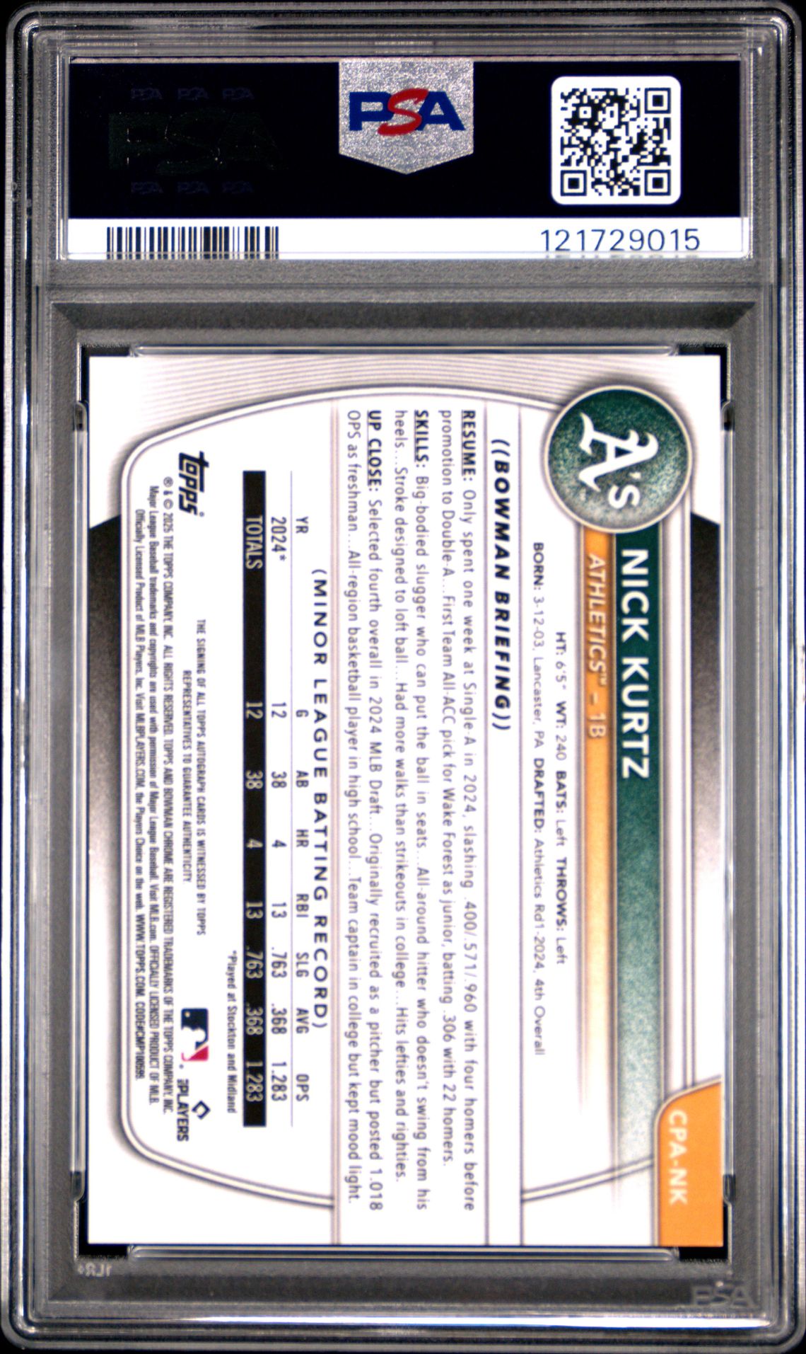 2025 Bowman Chrome Prospect Autographs Nick Kurtz #Cpank (Chrome Pros Au-Speckle Ref) Mint 9 back