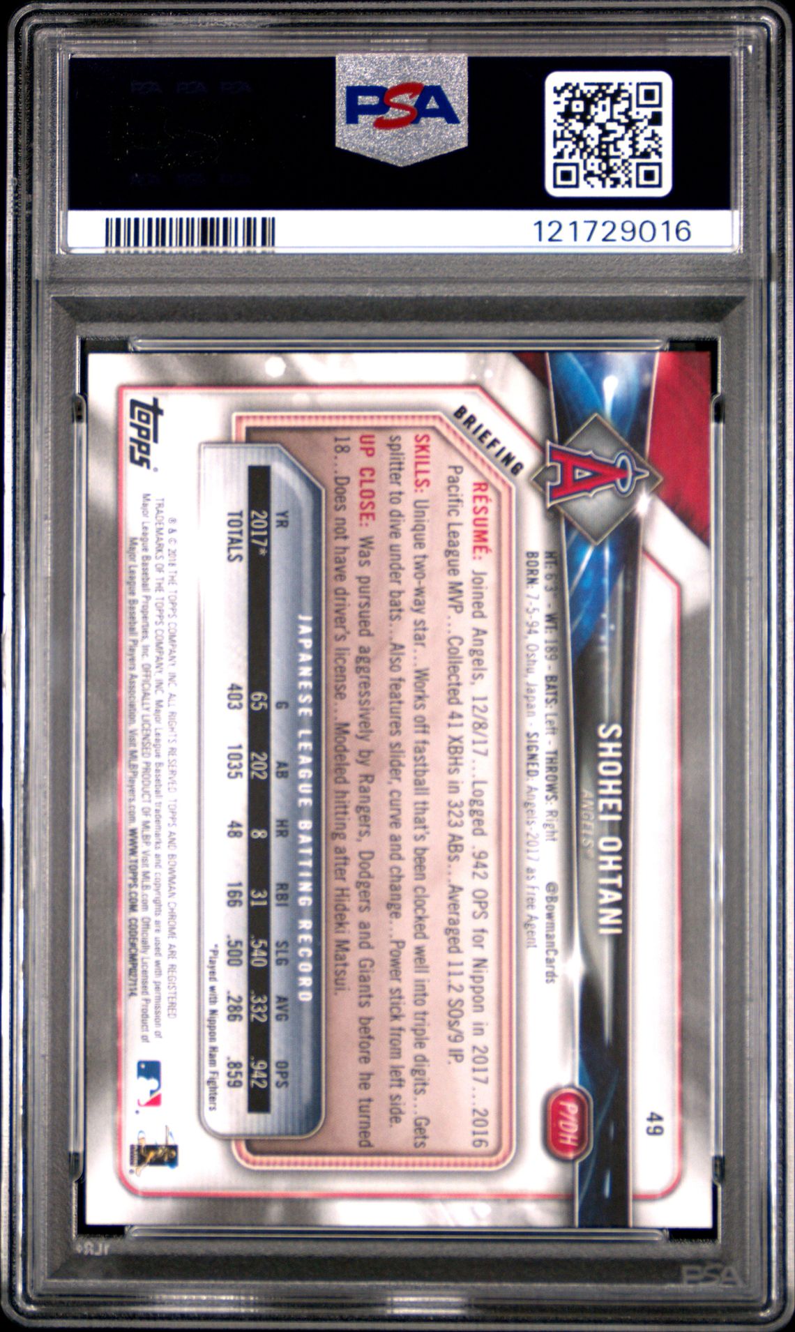 2018 Bowman Shohei Ohtani #49 Mint 9 back