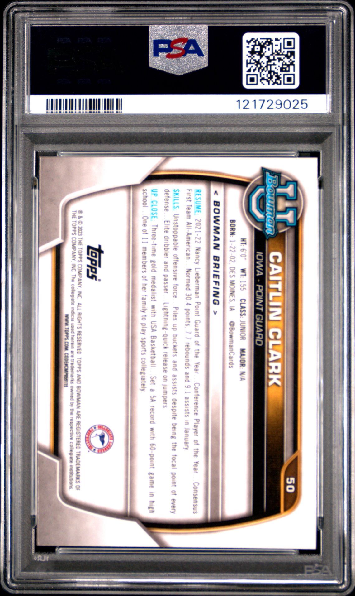 2022 Bowman Chrome University Caitlin Clark #50 Mint 9 back