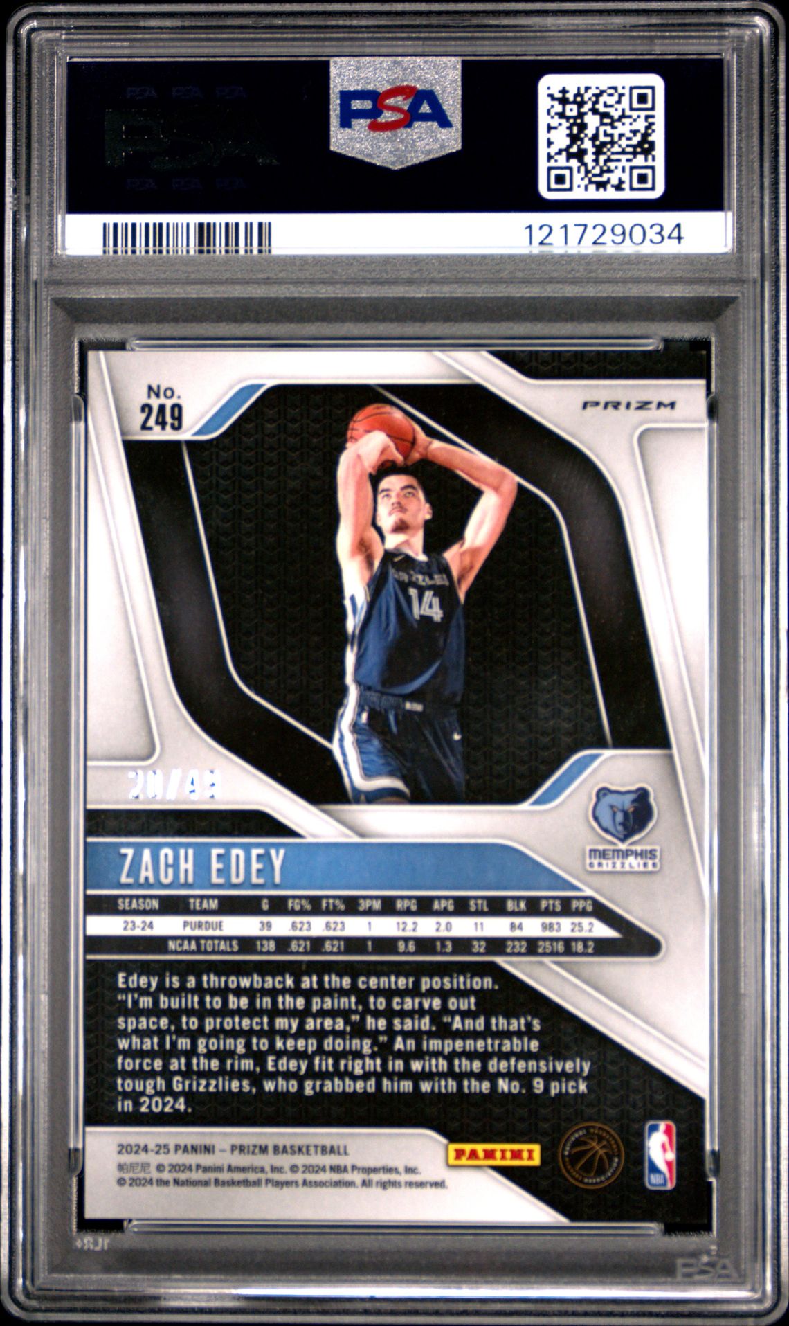 2024 Panini Prizm Zach Edey #249 (Orange Prizm) Gem Mt 10 back