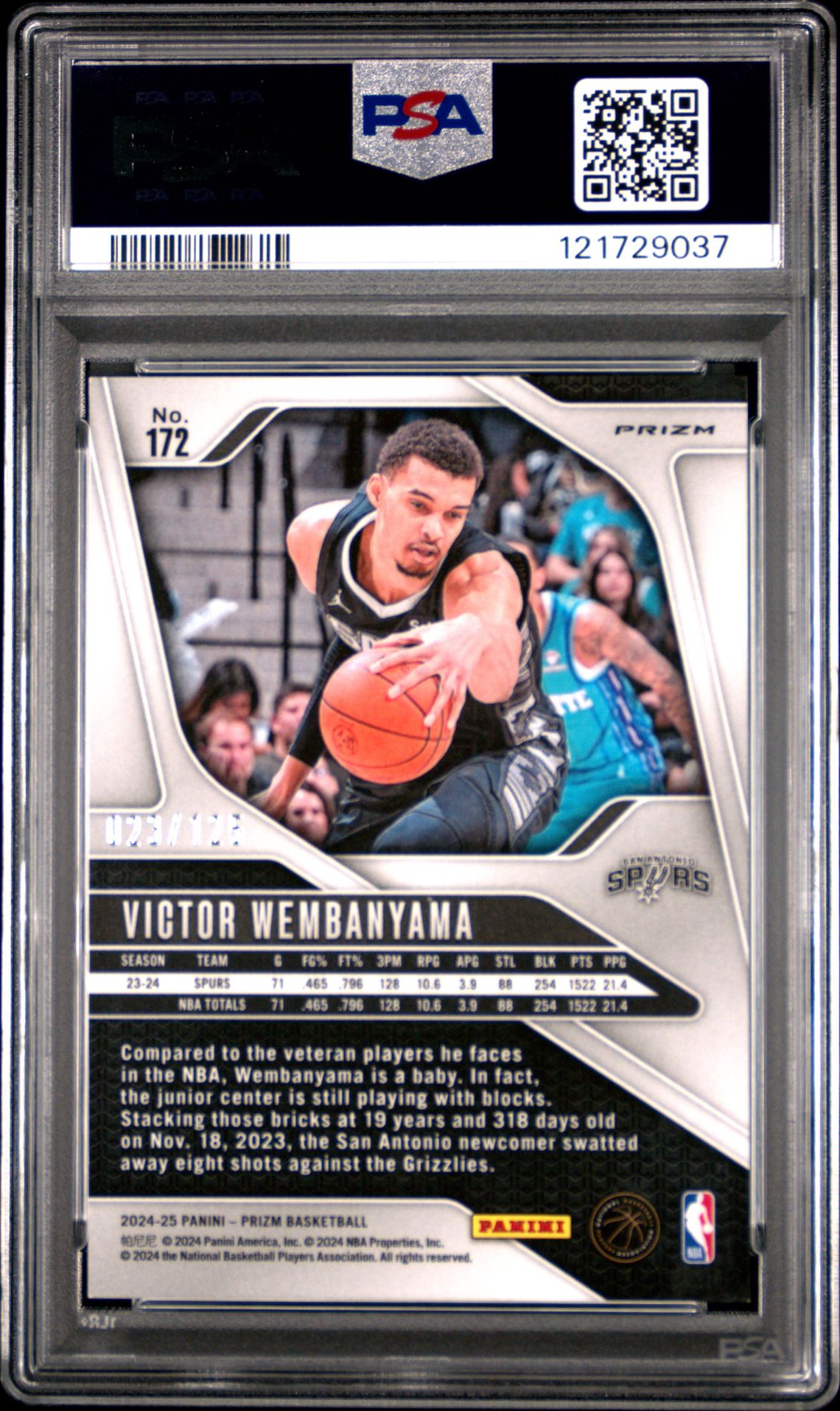 2024 Panini Prizm Victor Wembanyama #172 (Blue Ice) Gem Mt 10 back