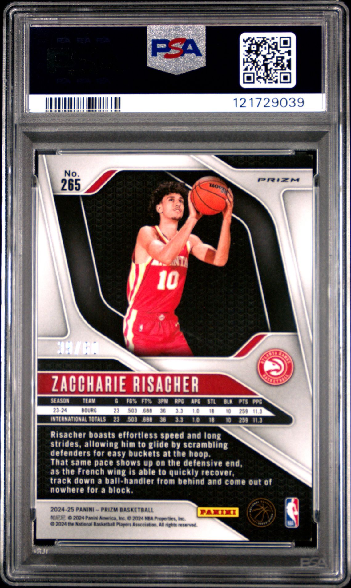 2024 Panini Prizm Zaccharie Risacher #265 (Orange Wave) Mint 9 back