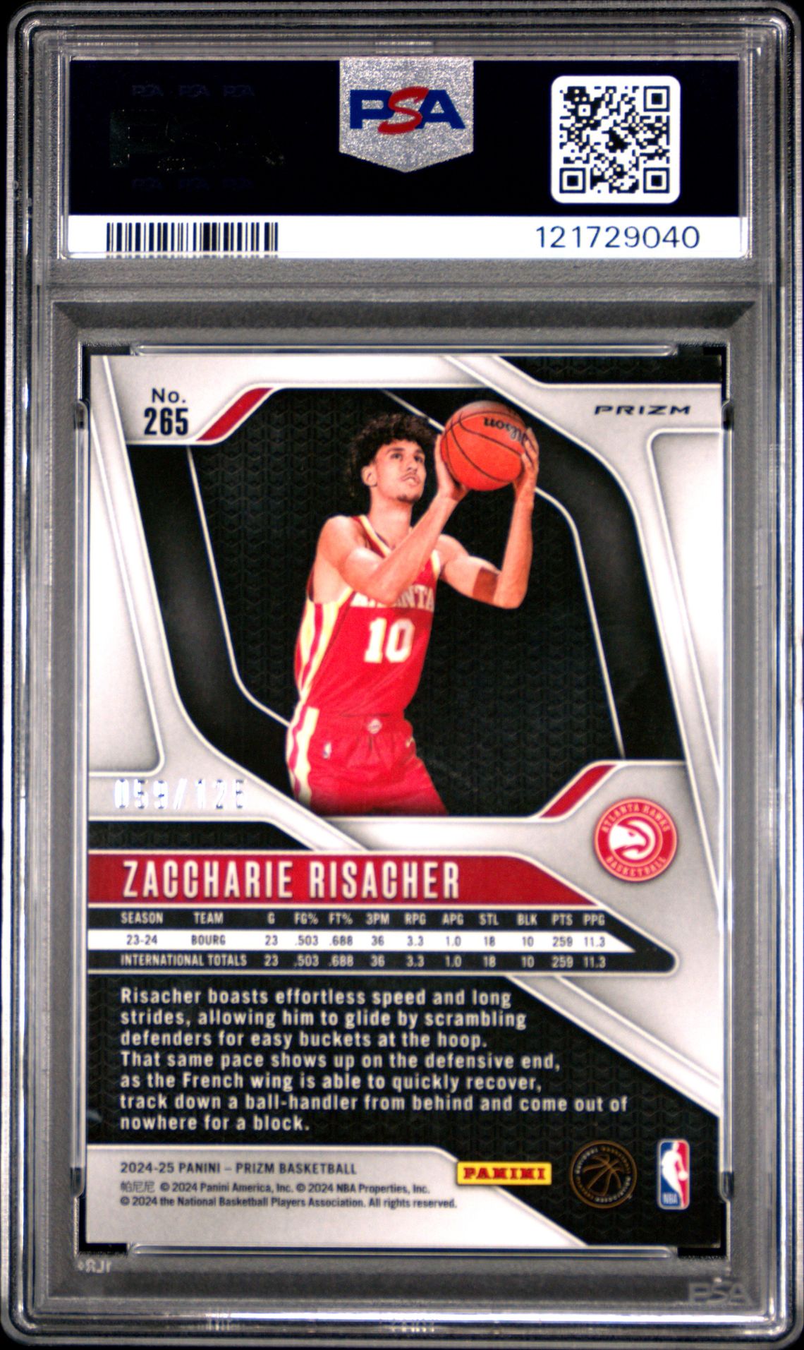 2024 Panini Prizm Zaccharie Risacher #265 (Blue Wave) Mint 9 back