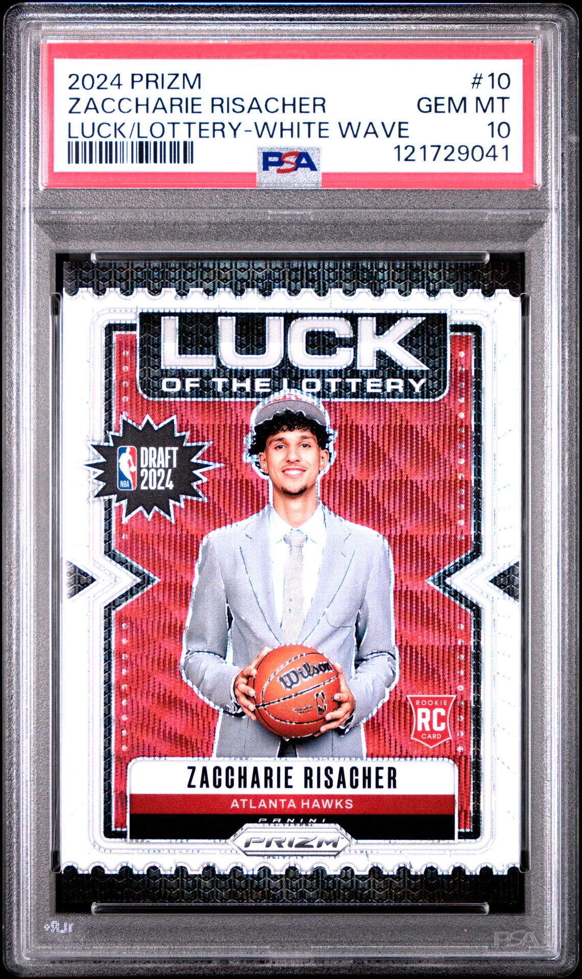 2024 Panini Prizm Luck Of The Lottery Zaccharie Risacher #10 (Luck/Lottery-White Wave) Gem Mt 10 front