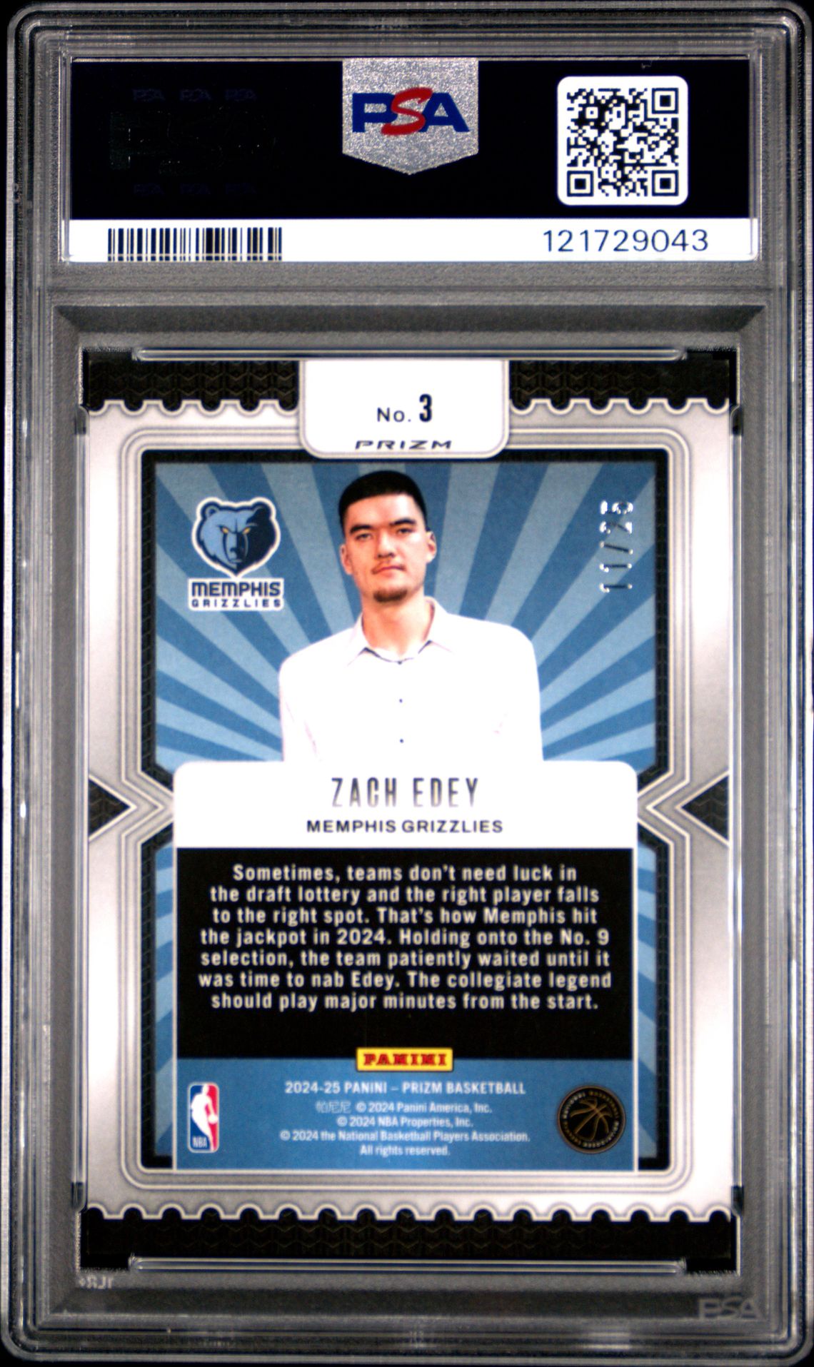 2024 Panini Prizm Luck Of The Lottery Zach Edey #3 (Luck/Lottery-Mojo Prizm) Mint 9 back