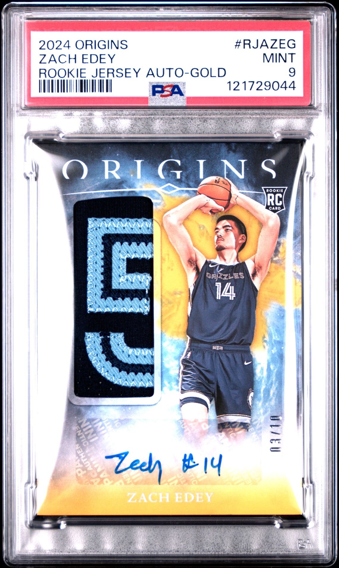 2024 Panini Origins Rookie Jersey Autographs Zach Edey #Rjazeg (Rookie Jersey Auto-Gold) Mint 9 front