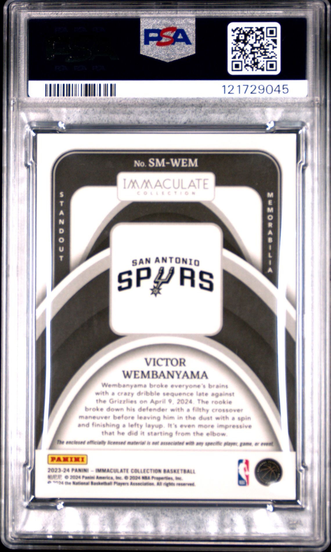 2023 Panini Immaculate Collection Standout Memorabilia Victor Wembanyama #Smwem (Standout Memorabilia) Mint 9 back