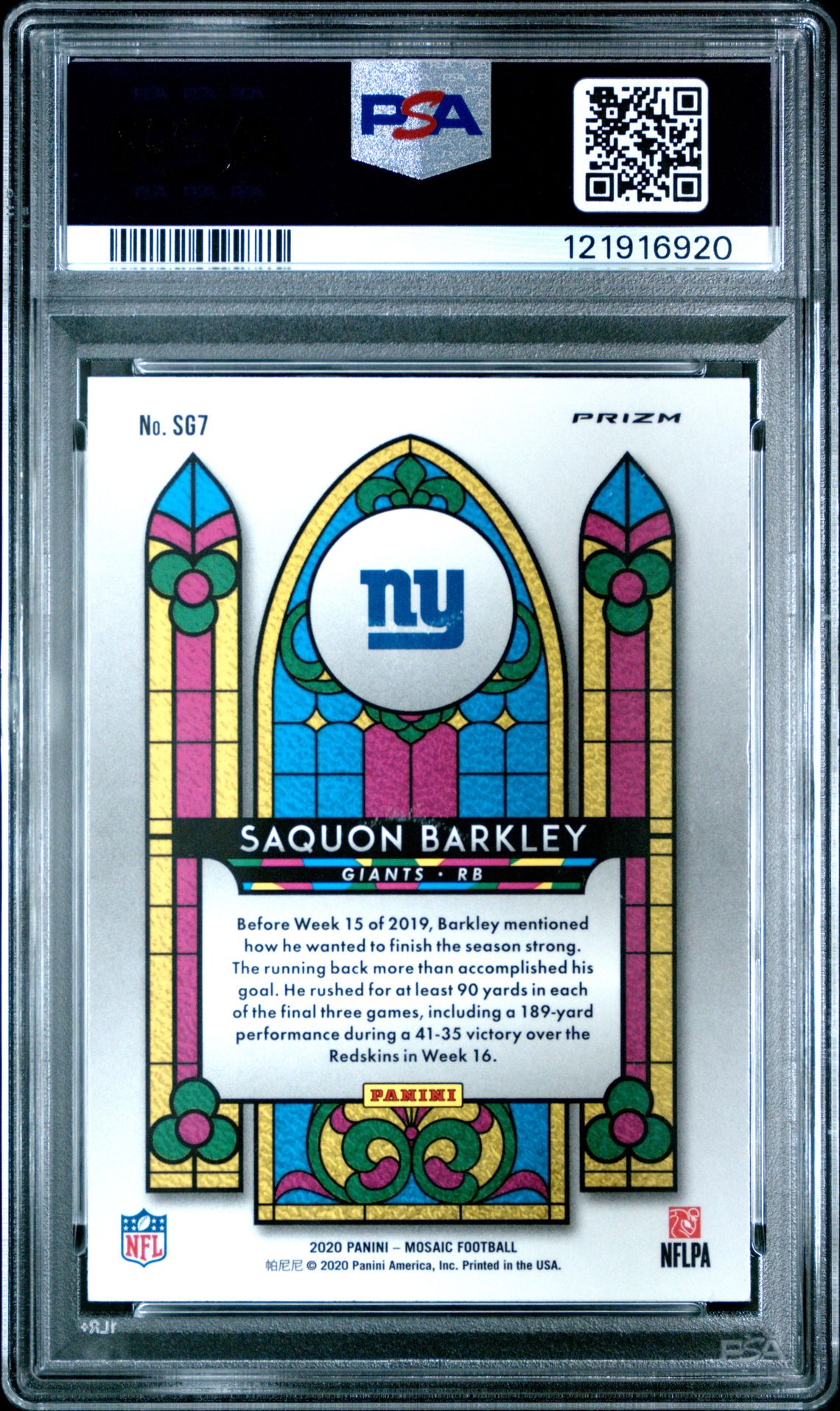 2020 Panini Mosaic Stained Glass Saquon Barkley #Sg7 (Stained Glass) Mint 9 back