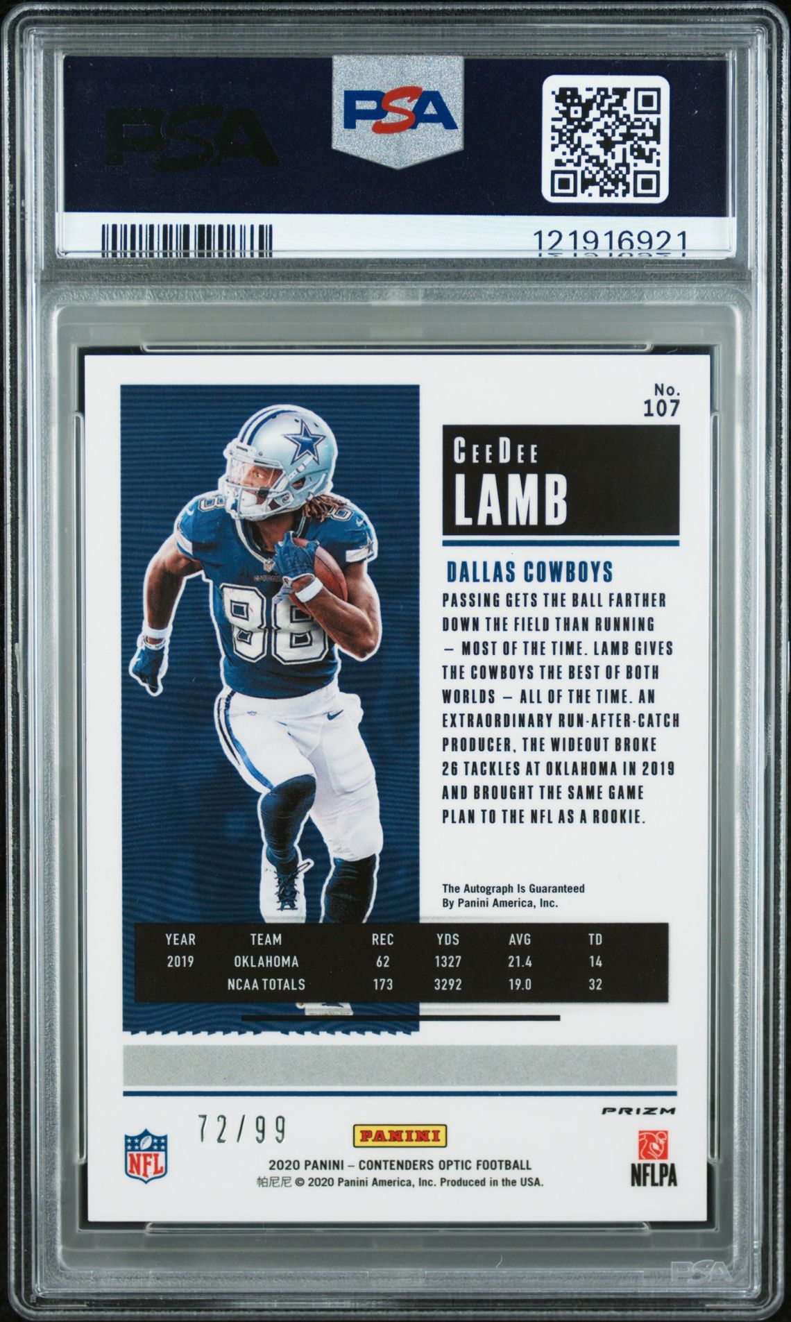 2020 Panini Contenders Optic Ceedee Lamb #107 (Autograph-Teal) Mint 9 back