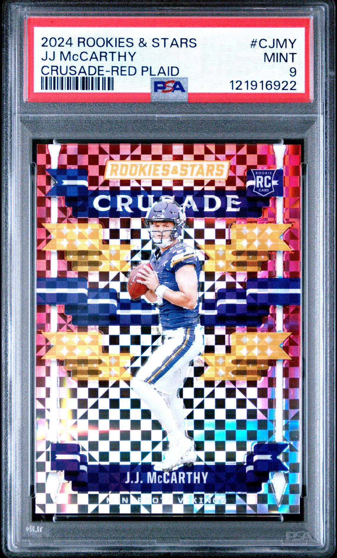 2024 Panini Rookies & Stars Crusade Jj Mccarthy #Cjmy (Crusade-Red Plaid) Mint 9 front