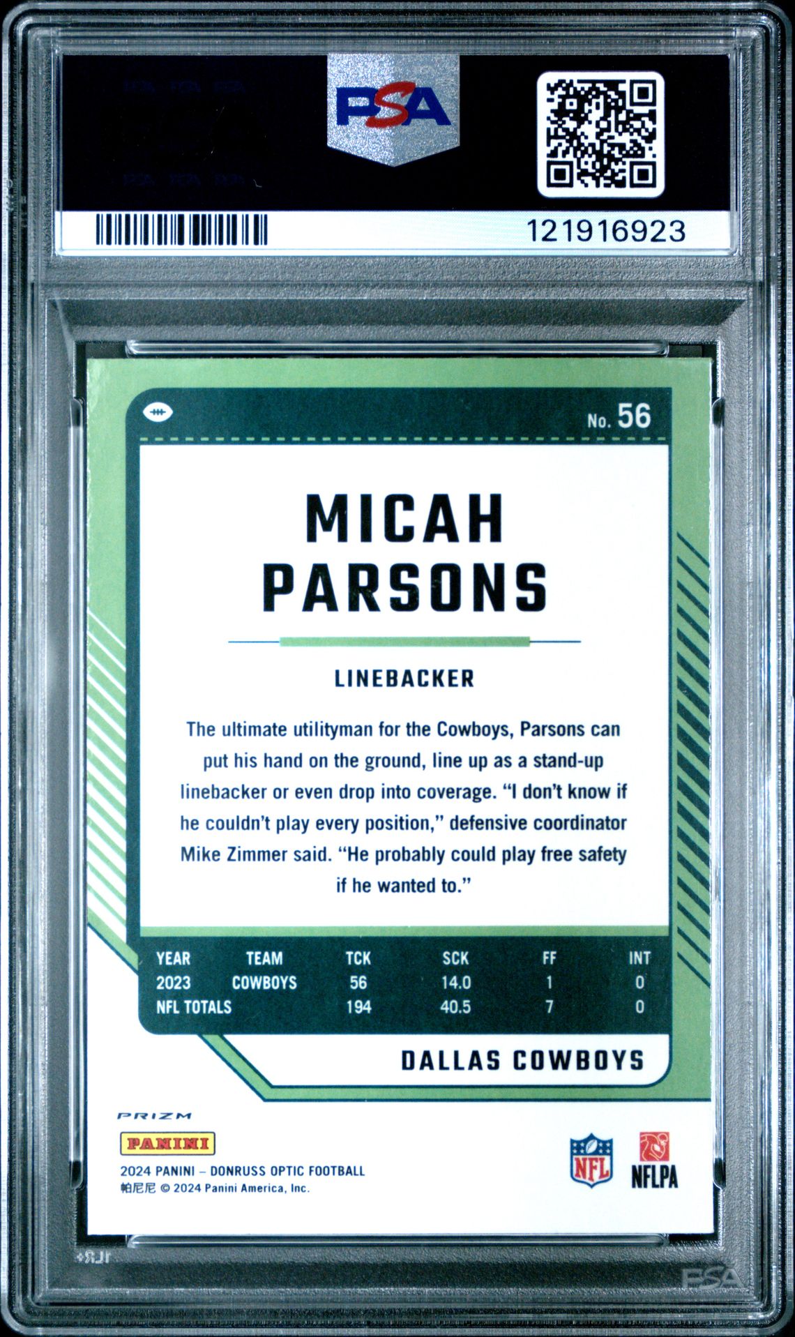 2024 Panini Donruss Optic Micah Parsons #56 (Stars) Gem Mt 10 back