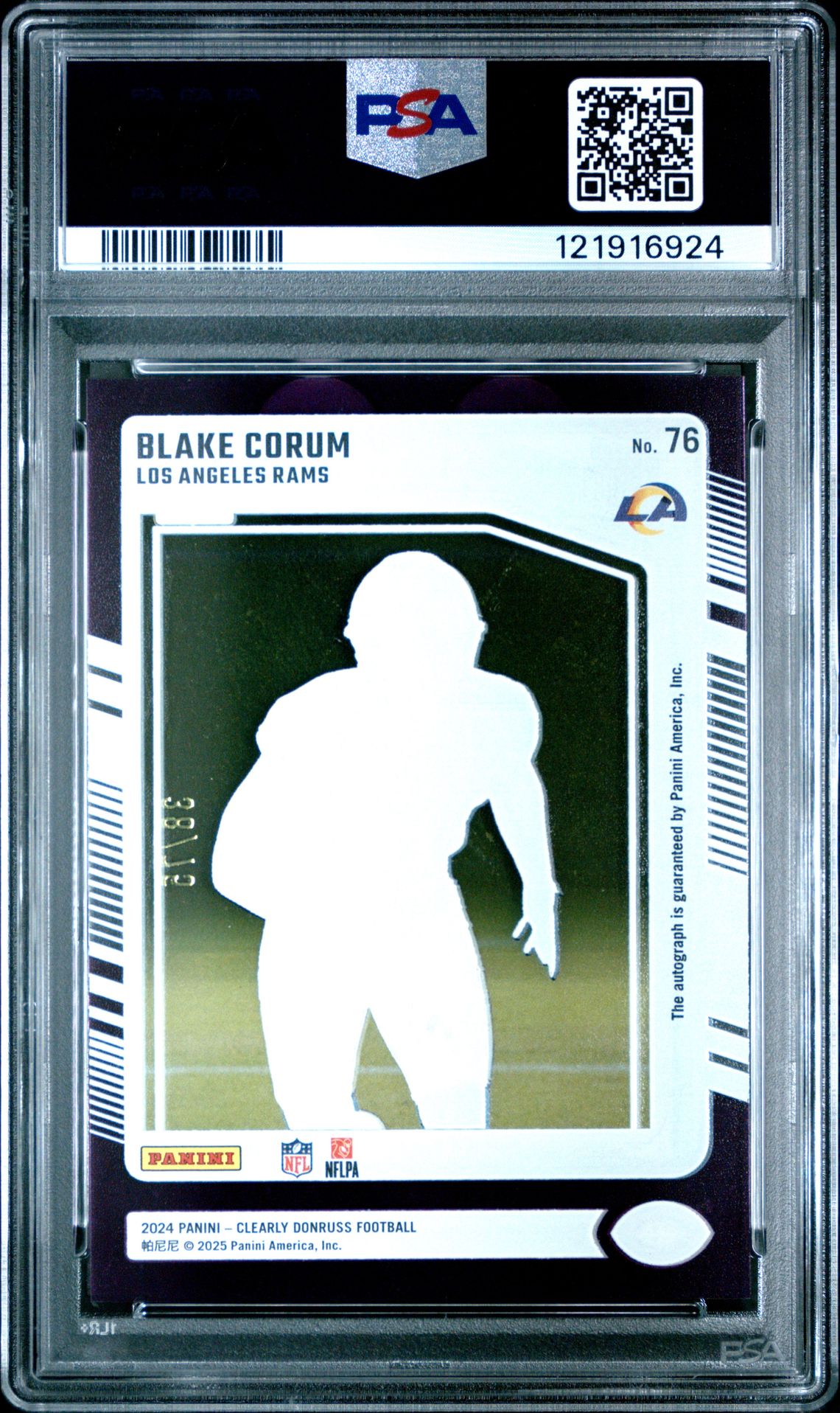 2024 Panini Clearly Donruss Blake Corum #76 (Autograph-Purple) Gem Mt 10 back
