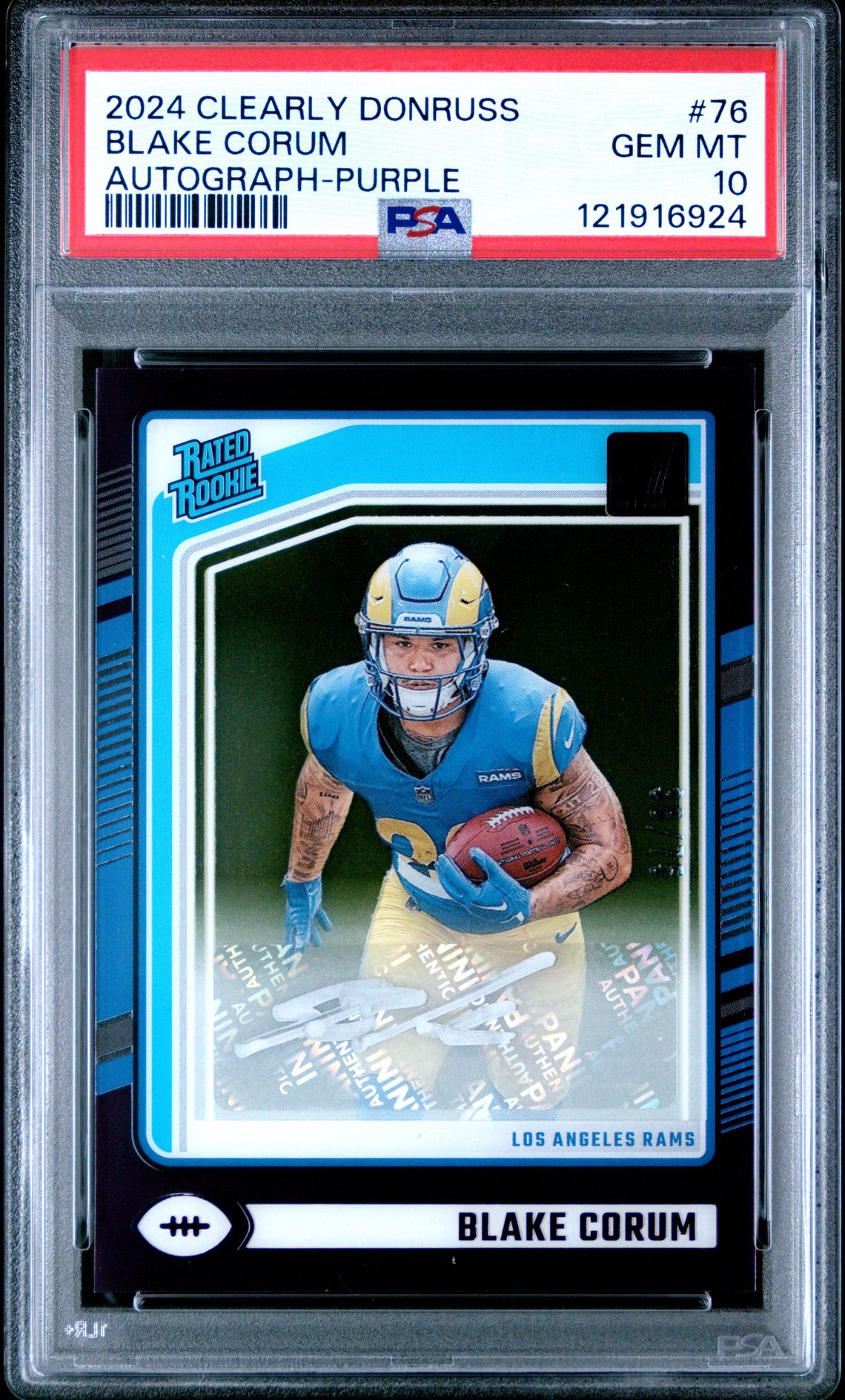 2024 Panini Clearly Donruss Blake Corum #76 (Autograph-Purple) Gem Mt 10 front