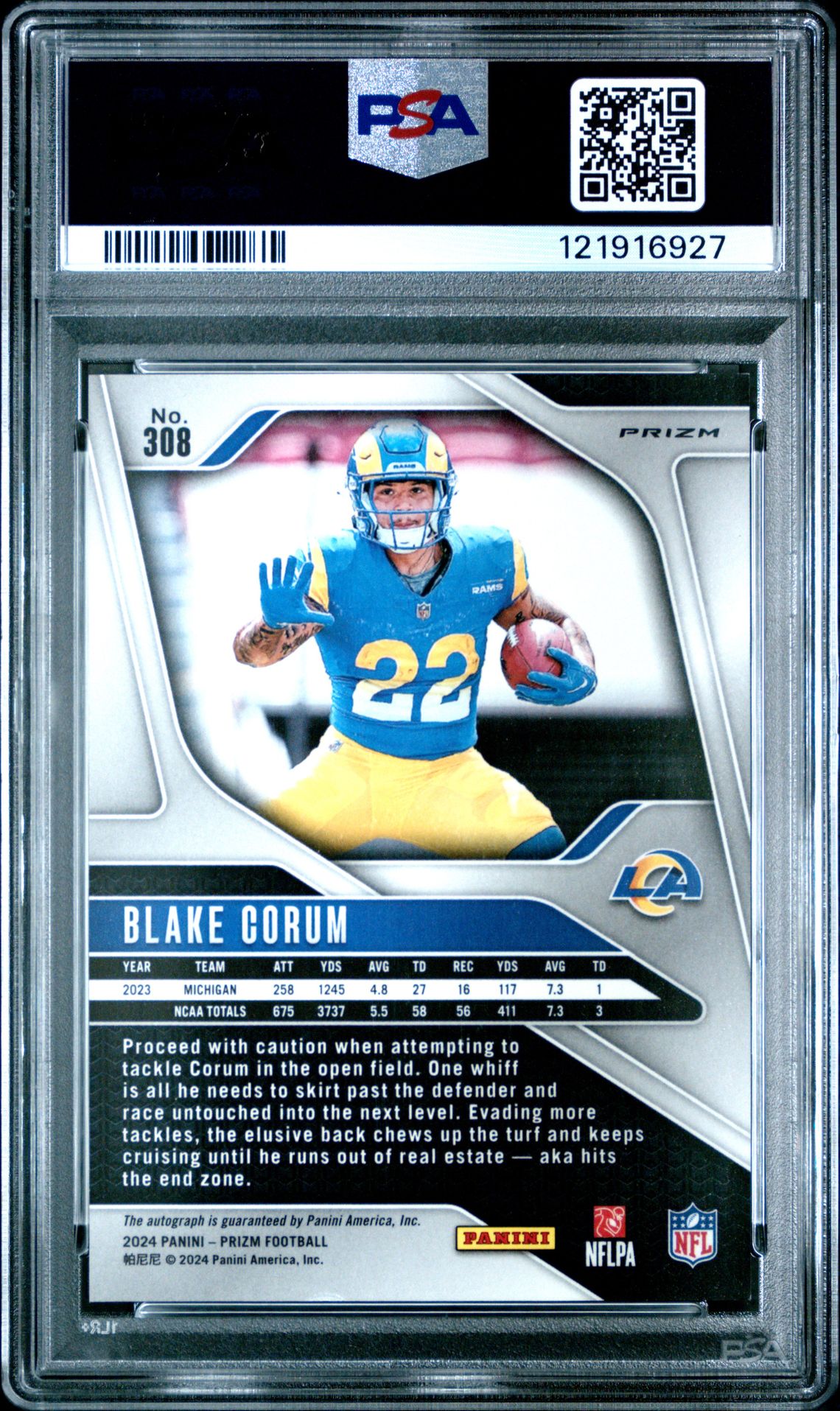 2024 Panini Prizm Blake Corum #308 (Autograph) Gem Mt 10 back