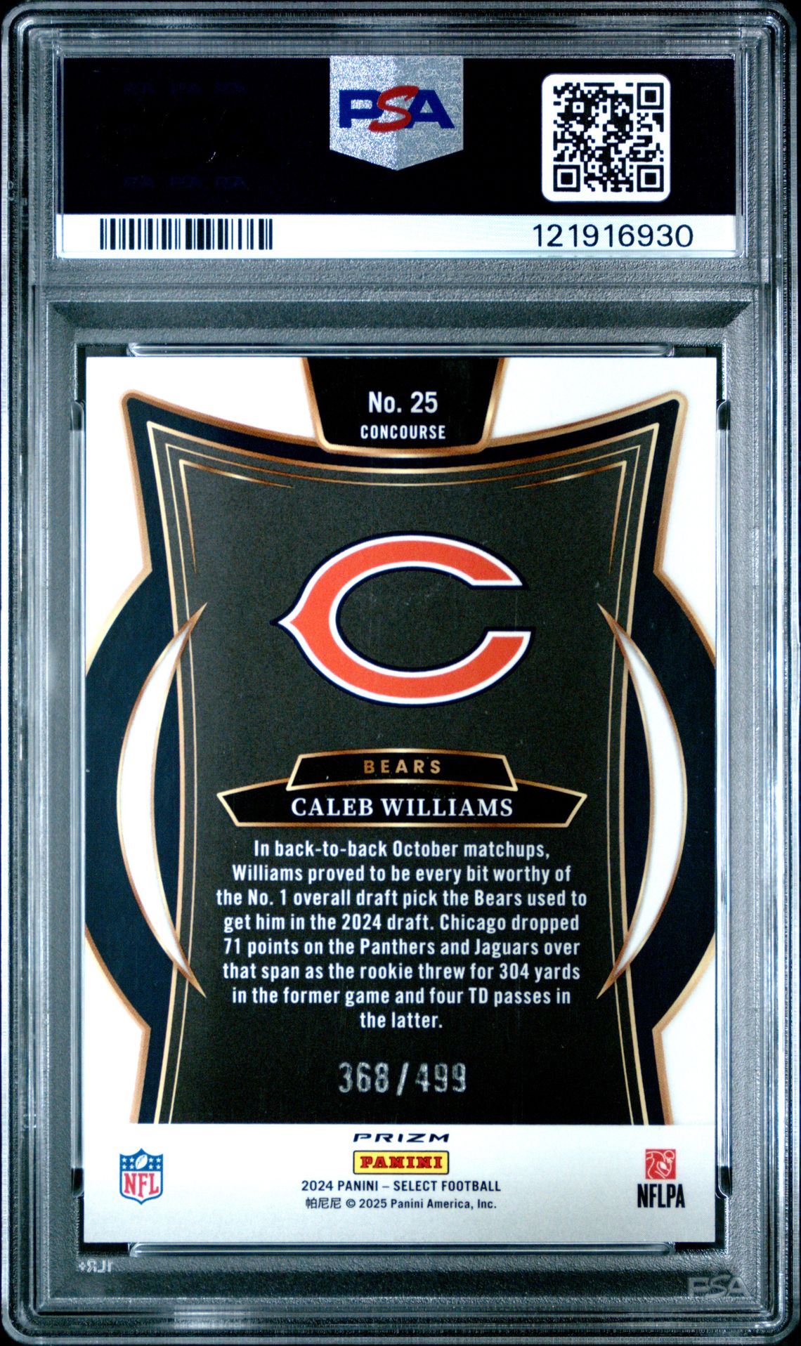 2024 Panini Select Caleb Williams #25 (Orange Shock) Gem Mt 10 back