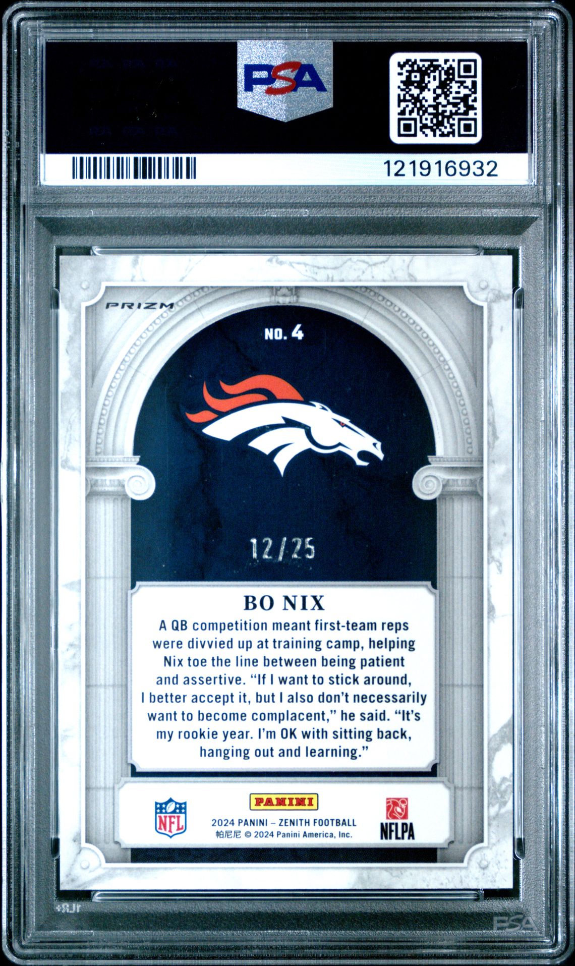 2024 Panini Zenith Z Marquee Bo Nix #4 (Z Marquee-Blue) Gem Mt 10 back