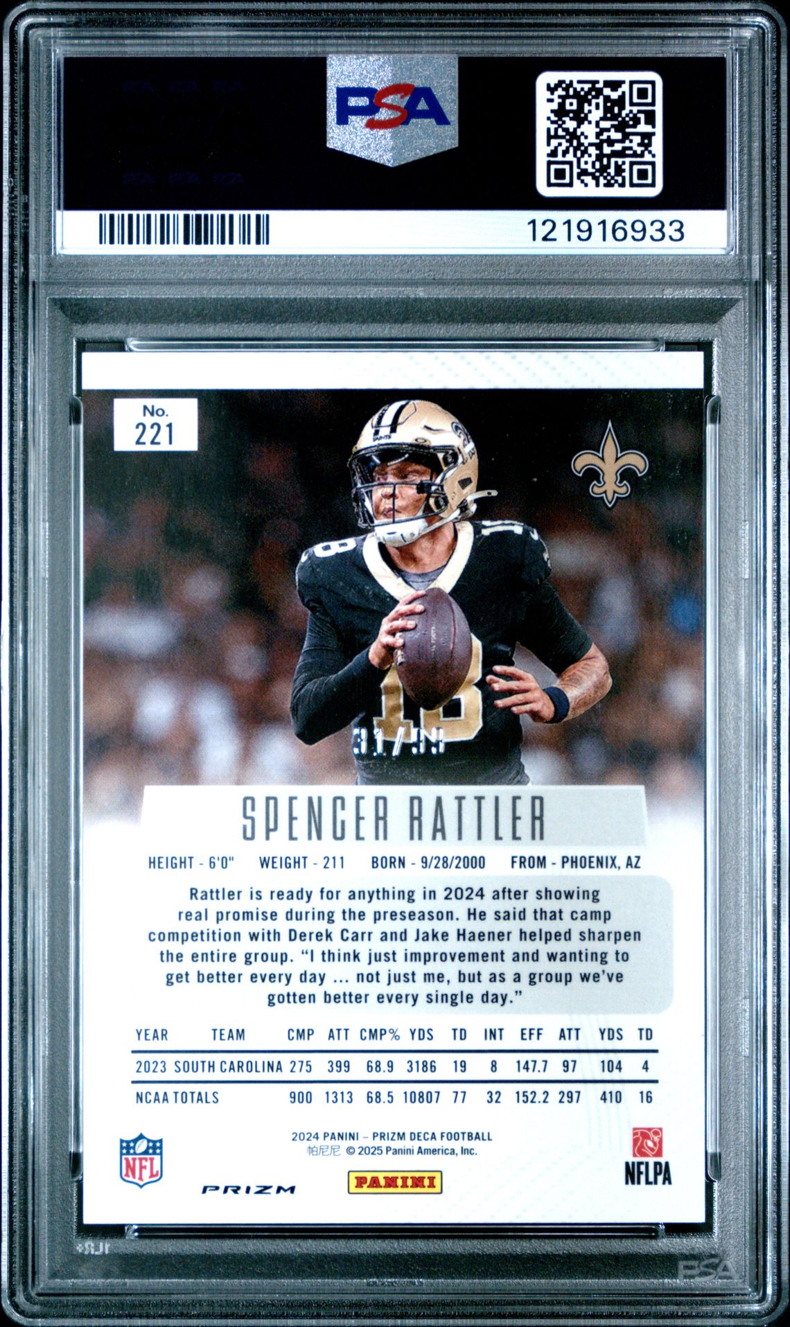 2024 Panini Prizm Deca Spencer Rattler #221 (Purple Prizm) Gem Mt 10 back