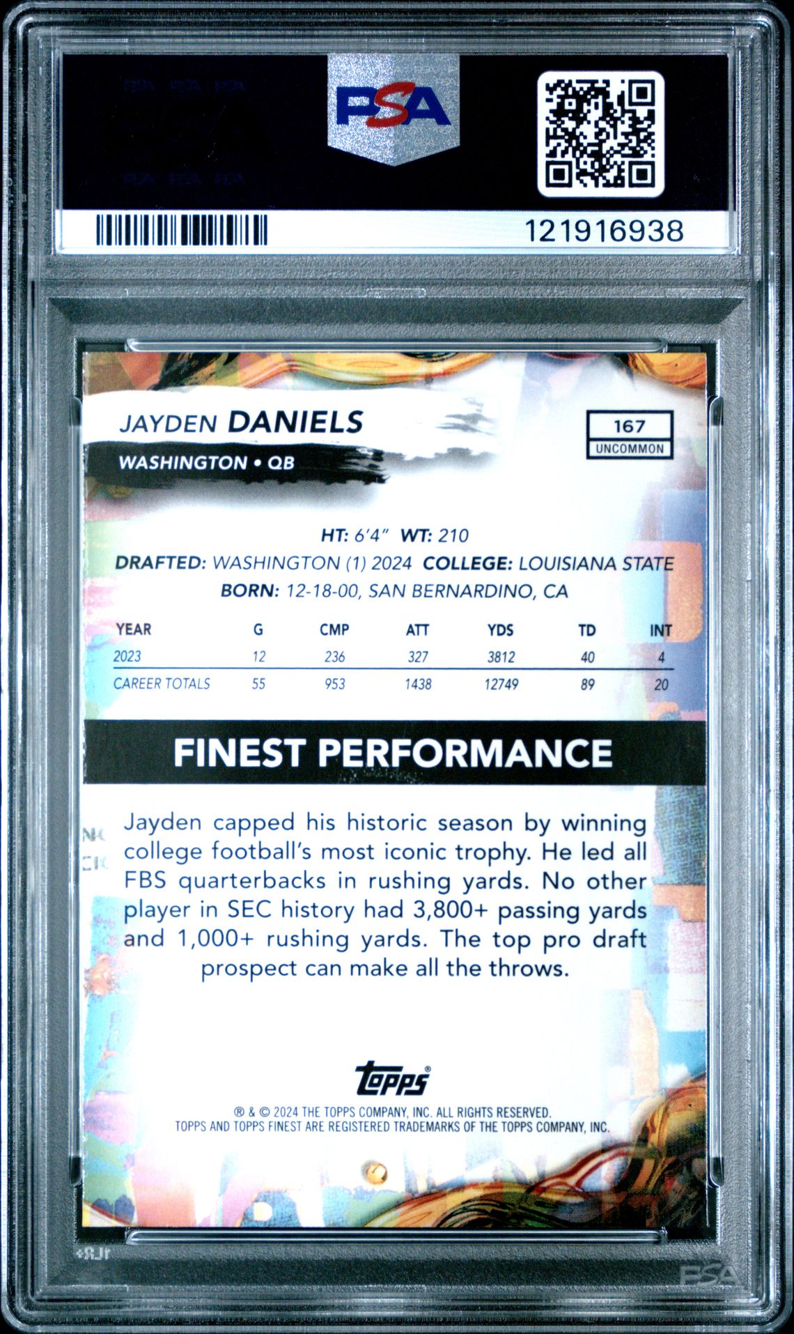 2024 Topps Finest Jayden Daniels #167 (Blue Refractor) Gem Mt 10 back