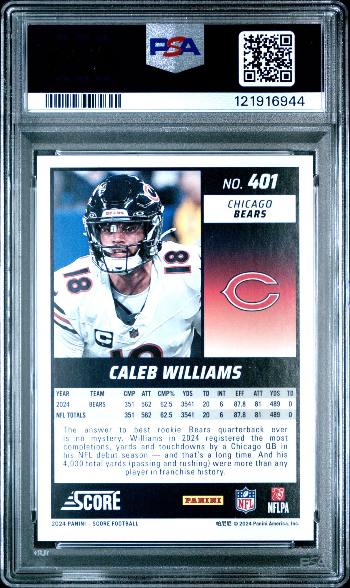 2024 Panini Score Caleb Williams #401 Gem Mt 10 back