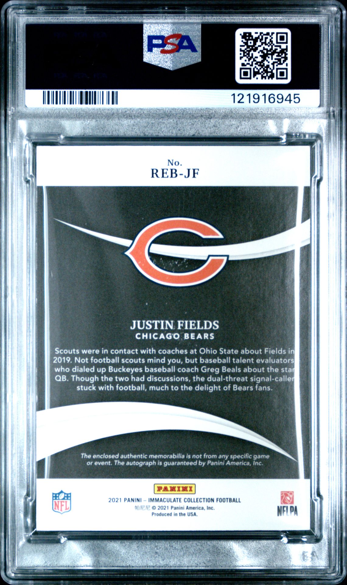 2021 Panini Immaculate Collection Rookie Eye Black Jersey Autographs Justin Fields #Jf (Rke.eye Black Jersey Auto.) Nm-Mt 8 back