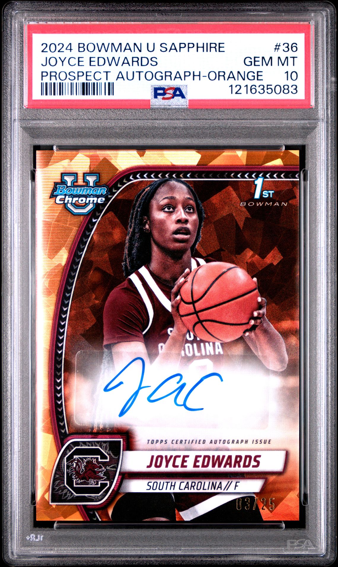 2024 Bowman BOWMAN UNIVERSITY CHROME SAPPHIRE PROSPECT AUTOGRAPH-ORANGE #36 Joyce Edwards front