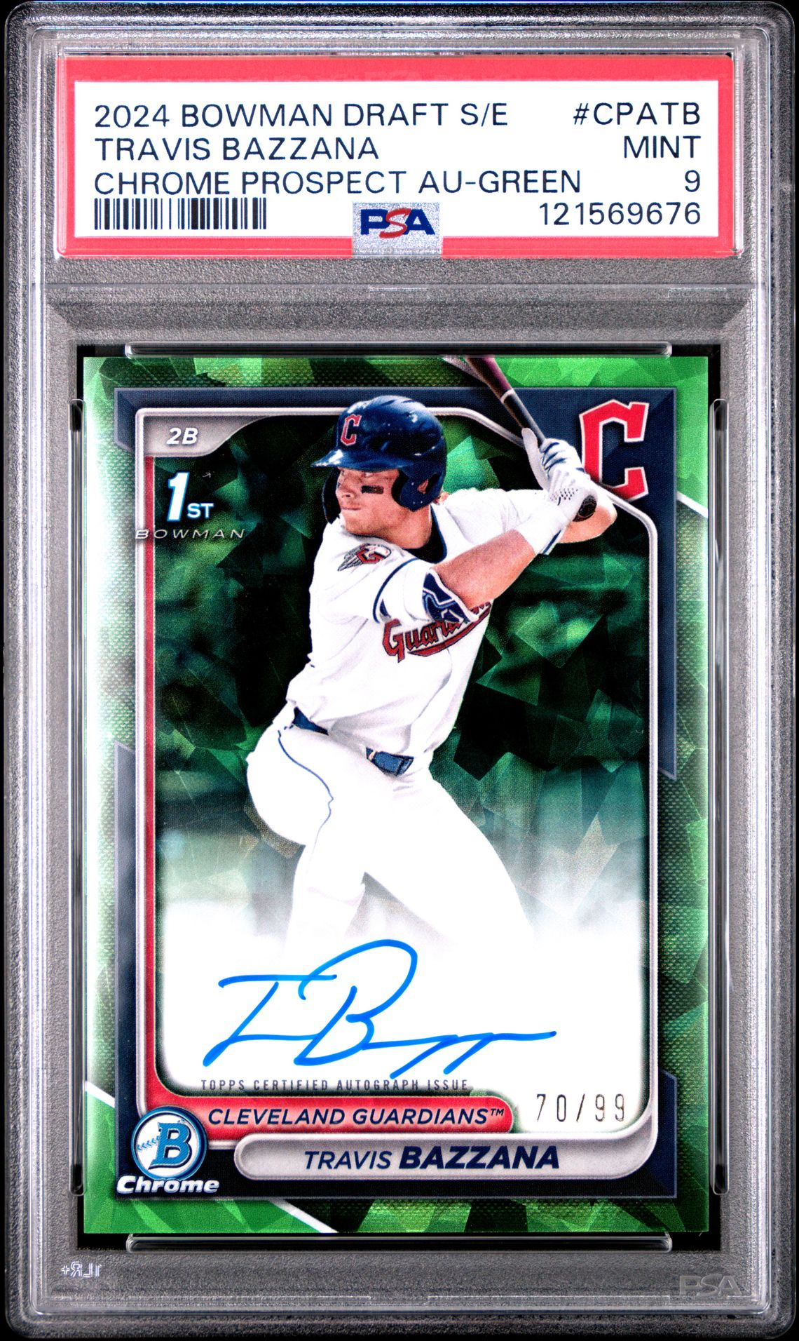 2024 Bowman Draft Sapphire Edition Chrome Sapphire Prospect Autographs Travis Bazzana #Cpatb (Chrome Prospect Au-Green) Mint 9 front