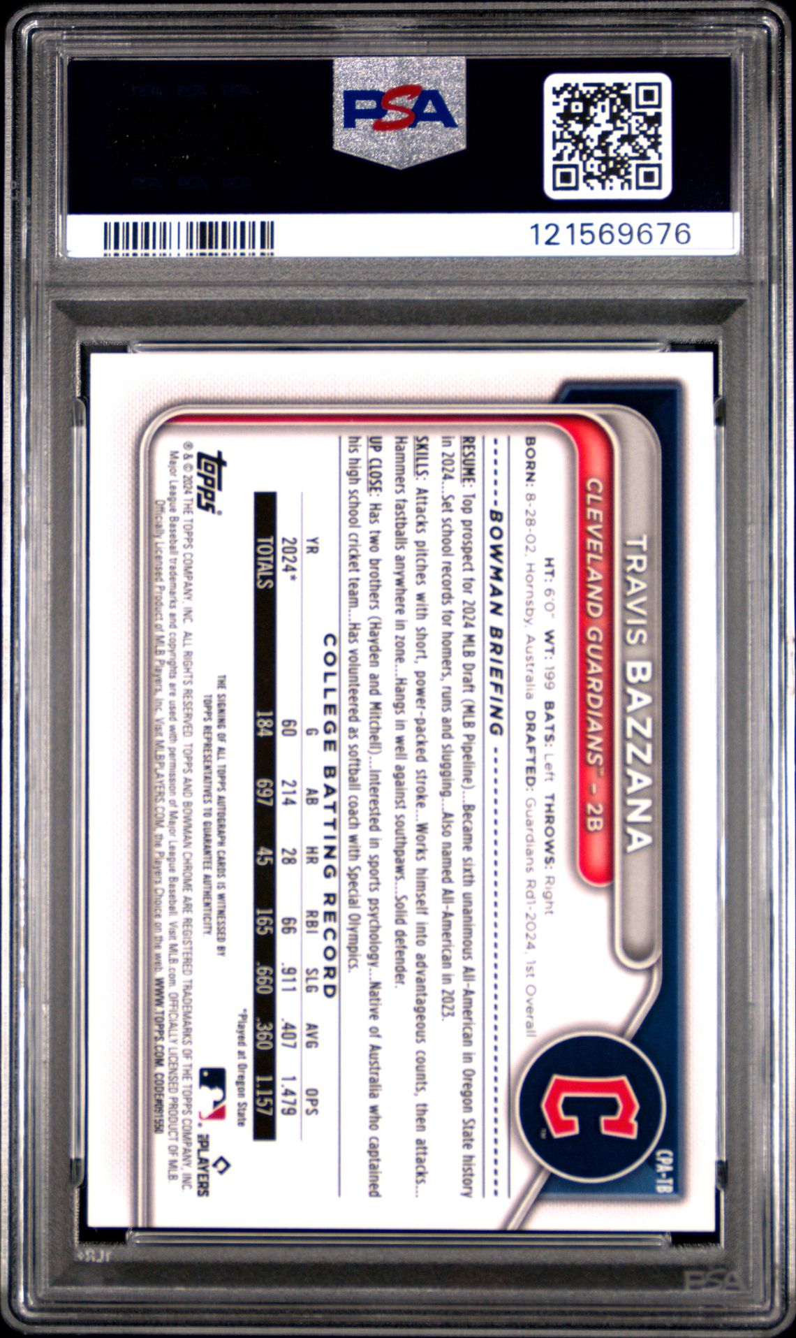 2024 Bowman Draft Sapphire Edition Chrome Sapphire Prospect Autographs Travis Bazzana #Cpatb (Chrome Prospect Au-Green) Mint 9 back